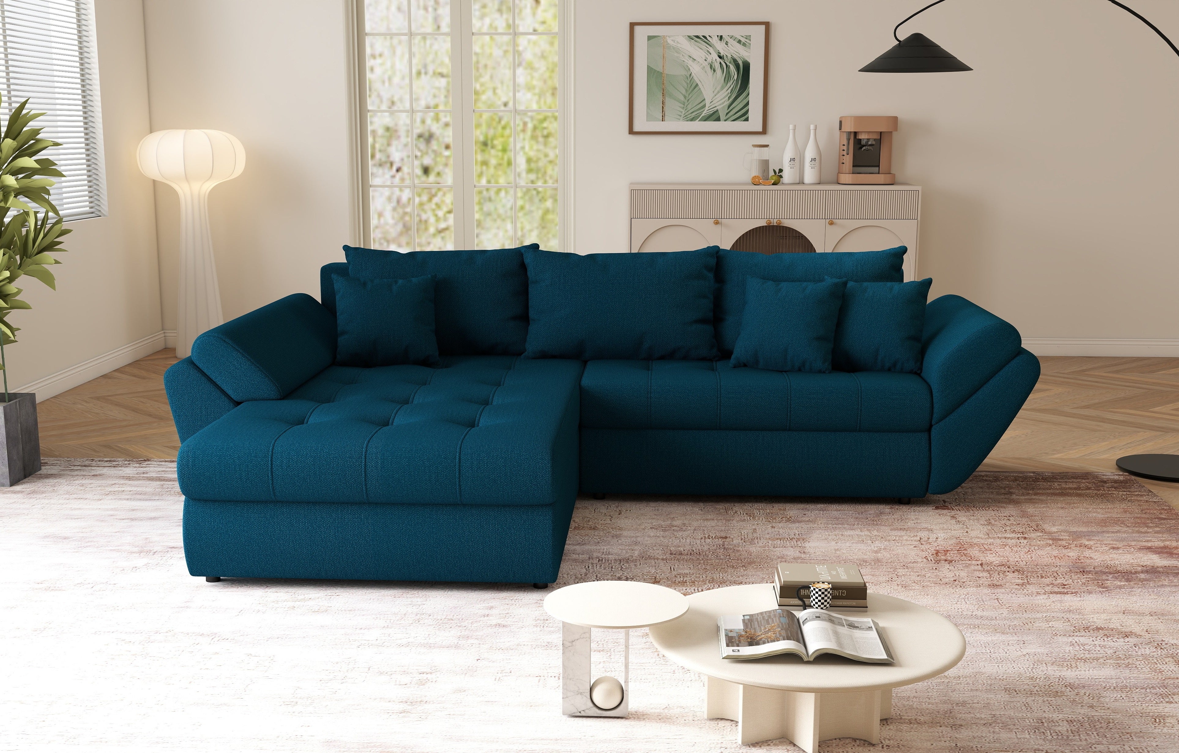 Colțar extensibil dumonde cu ladă de depozitare si sezut confortabil din spuma HR, Loana Petrol Green 270x185 cm Fabrica