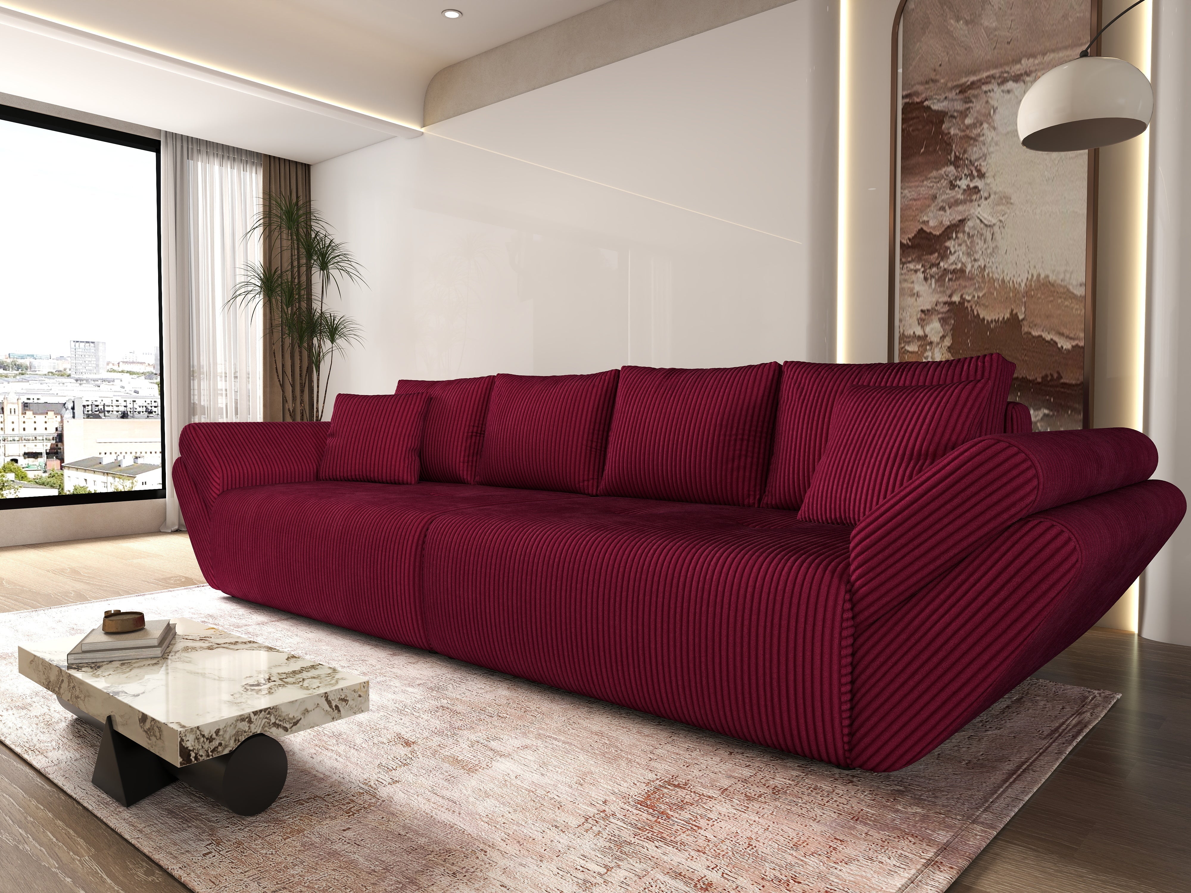 Canapea extensibilă dumonde cu ladă de depozitare si sezut confortabil din spuma HR, Berlin Zoom Red 300x100 cm Fabrica