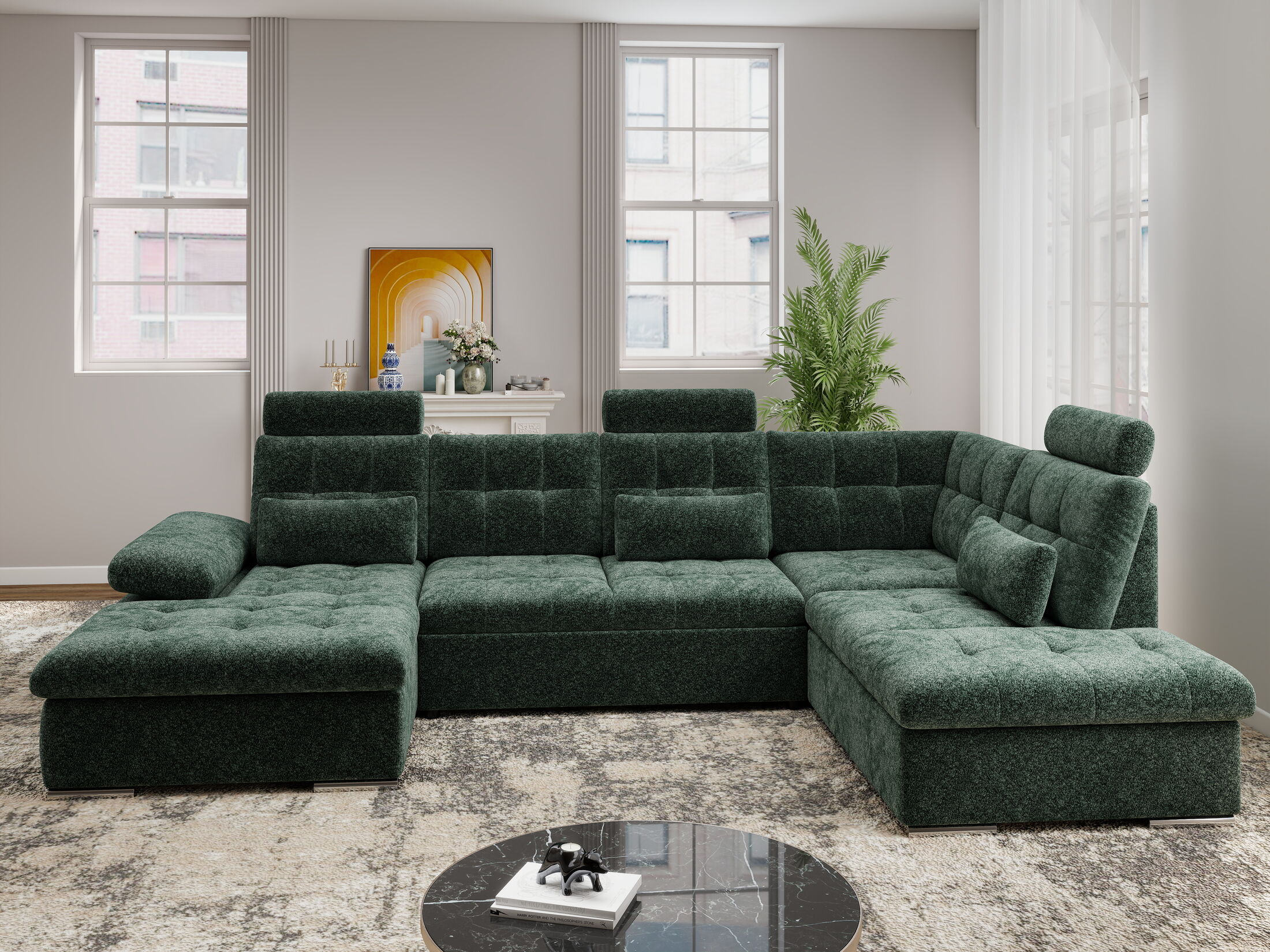 Colțar extensibil dumonde cu ladă de depozitare și șezut confortabil din spumă HR, Merkur U Euphoria Verde 324x218 cm