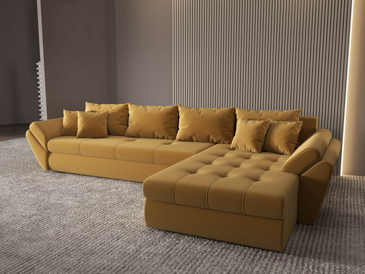 Colțar extensibil dumonde cu ladă de depozitare si sezut confortabil din spuma HR, Loana XL Royal Mustar II 335x185 cm Fabrica