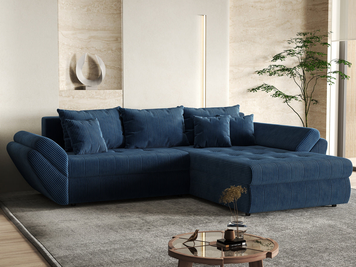 Colțar extensibil dumonde cu ladă de depozitare si sezut confortabil din spuma HR, Loana Bleumarin Zoom II 270x185 cm Fabrica