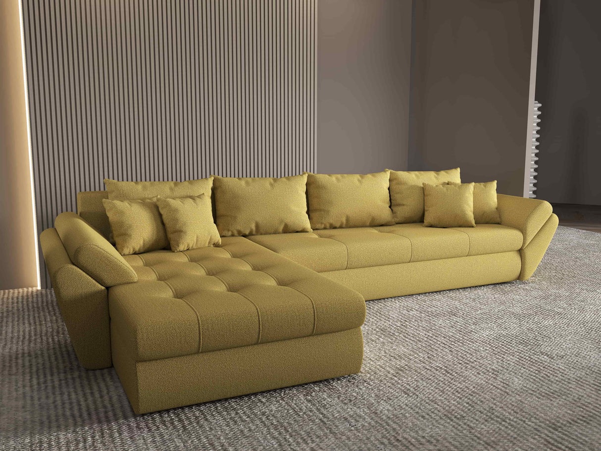 Colțar extensibil dumonde cu ladă de depozitare si sezut confortabil din spuma HR, Loana XL Enjoy Melon 335x185 cm Fabrica