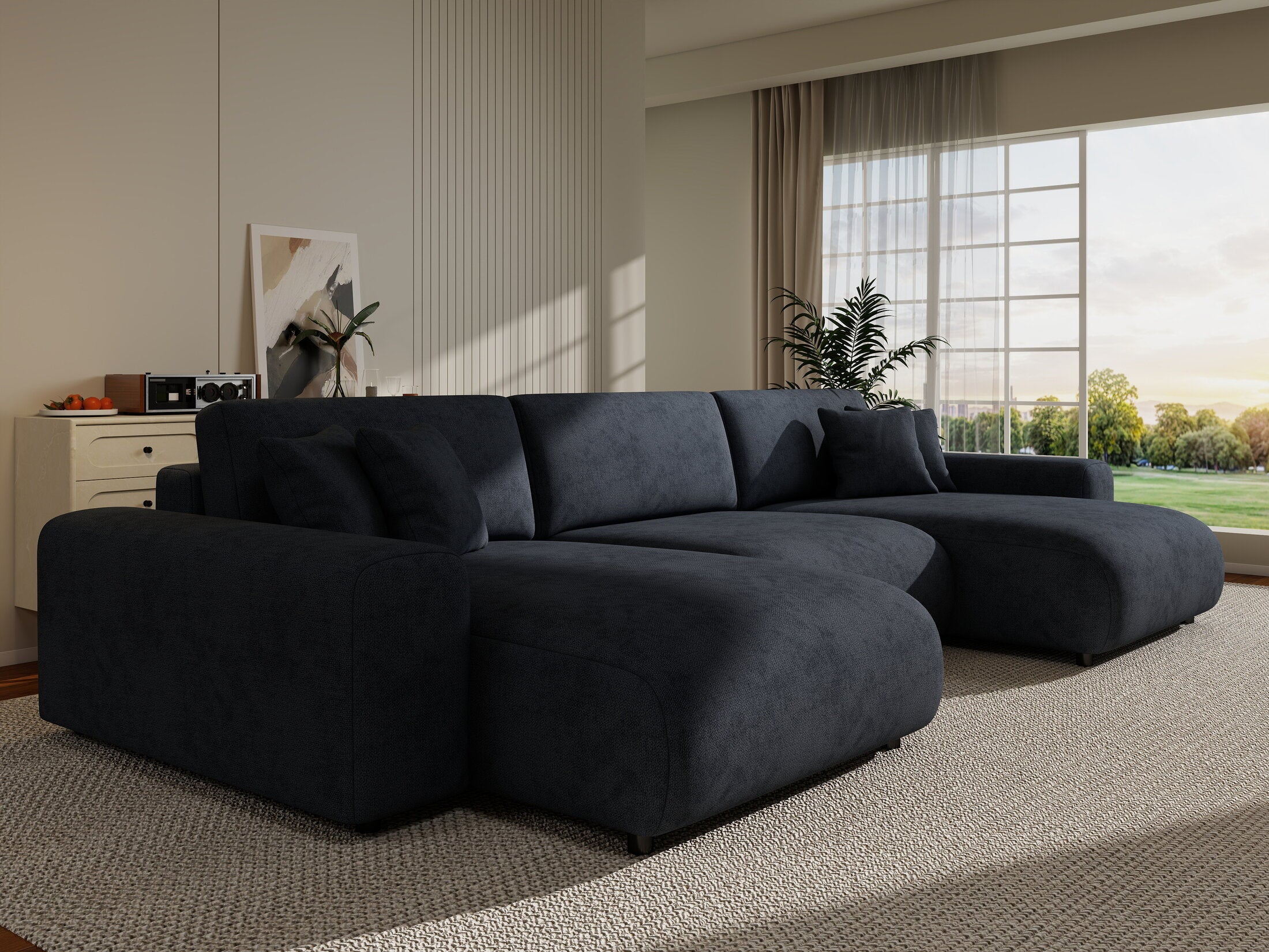 Colțar extensibil dumonde cu ladă de depozitare si sezut confortabil din spuma HR, Sarina U Enjoy Antracit 350x168 cm