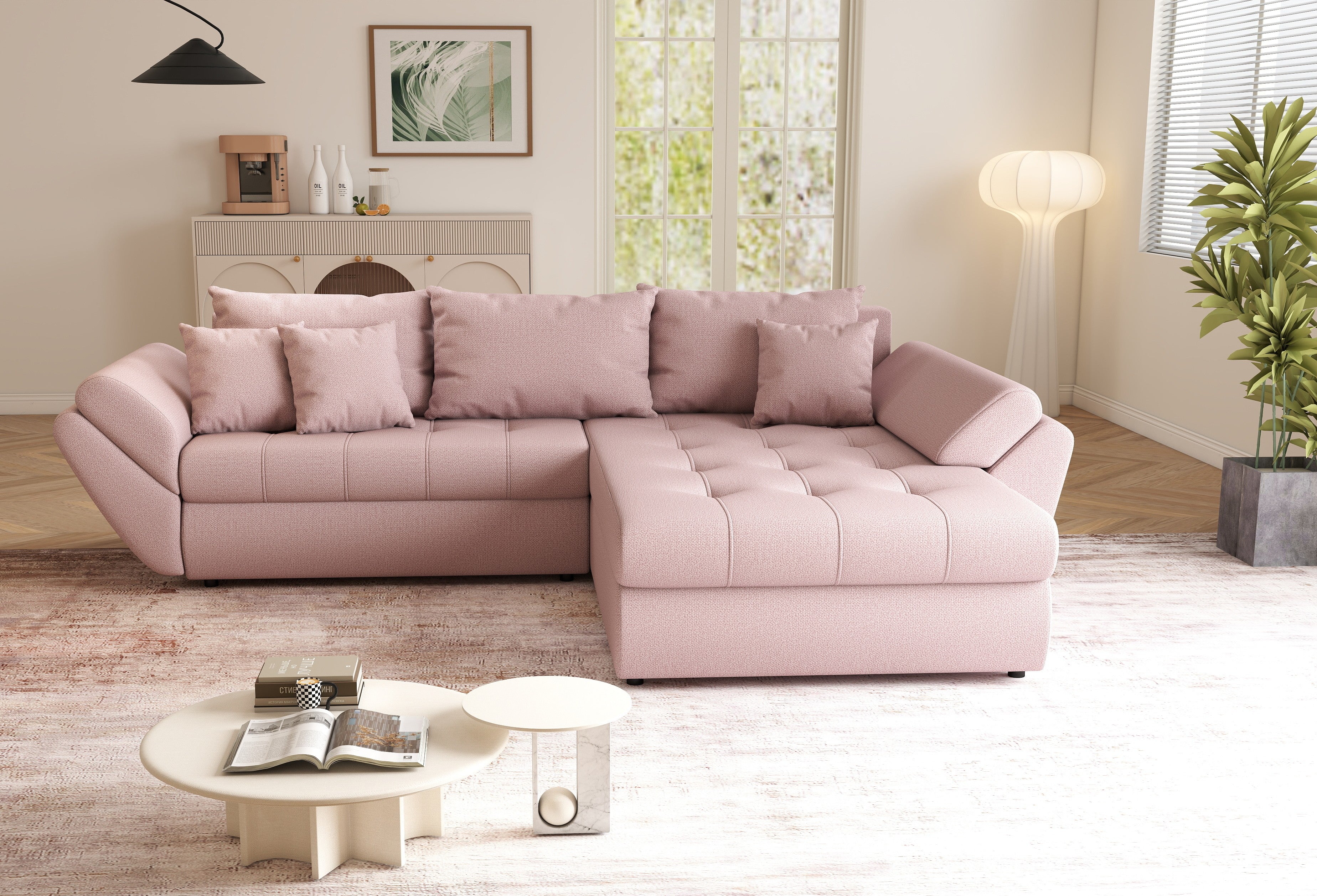 Colțar extensibil dumonde cu ladă de depozitare si sezut confortabil din spuma HR, Loana Roz II 270x185 cm Fabrica