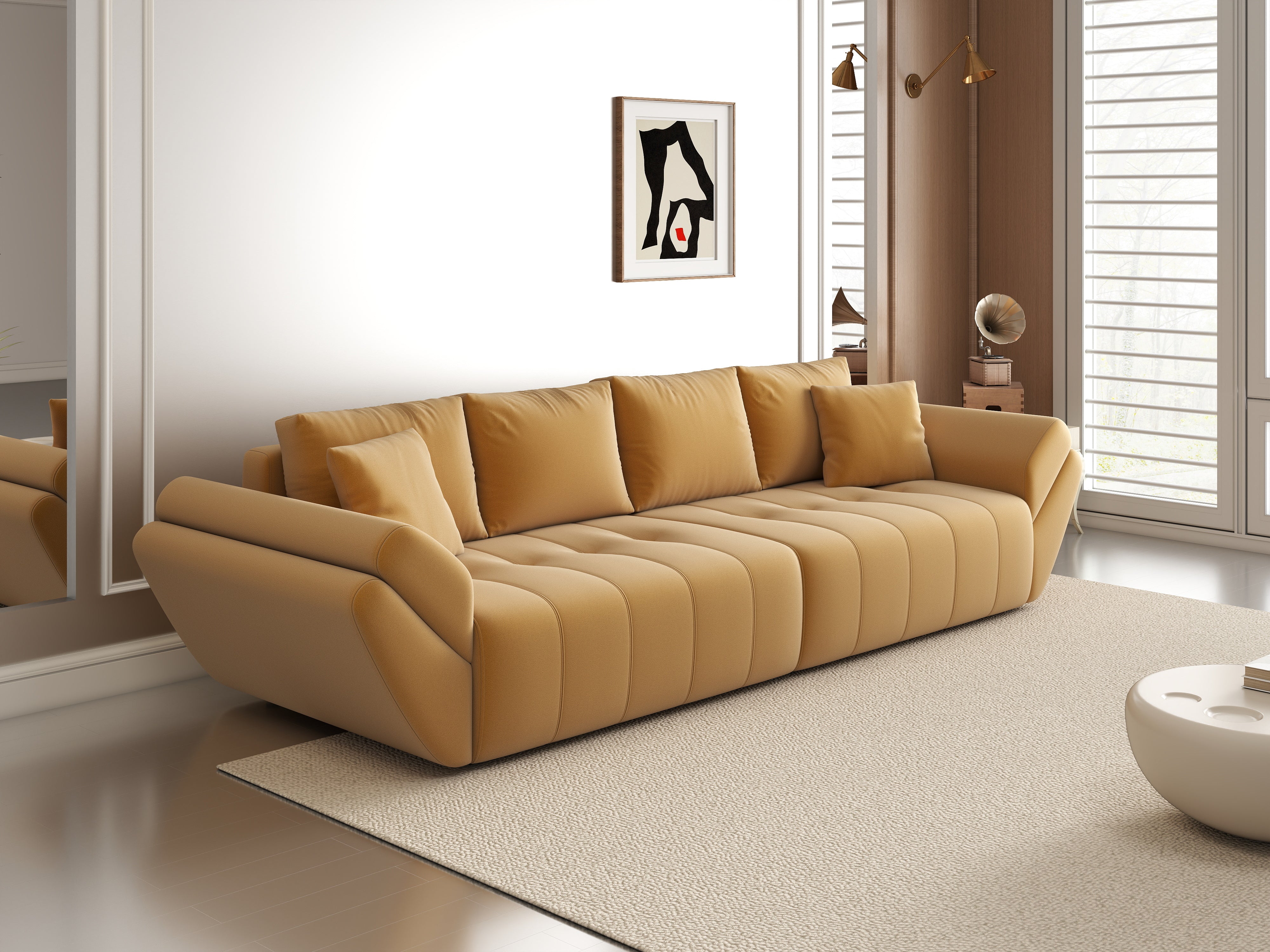 Canapea extensibilă dumonde cu ladă de depozitare si sezut confortabil din spuma HR, Berlin Royal Mustar 300x100 cm Fabrica