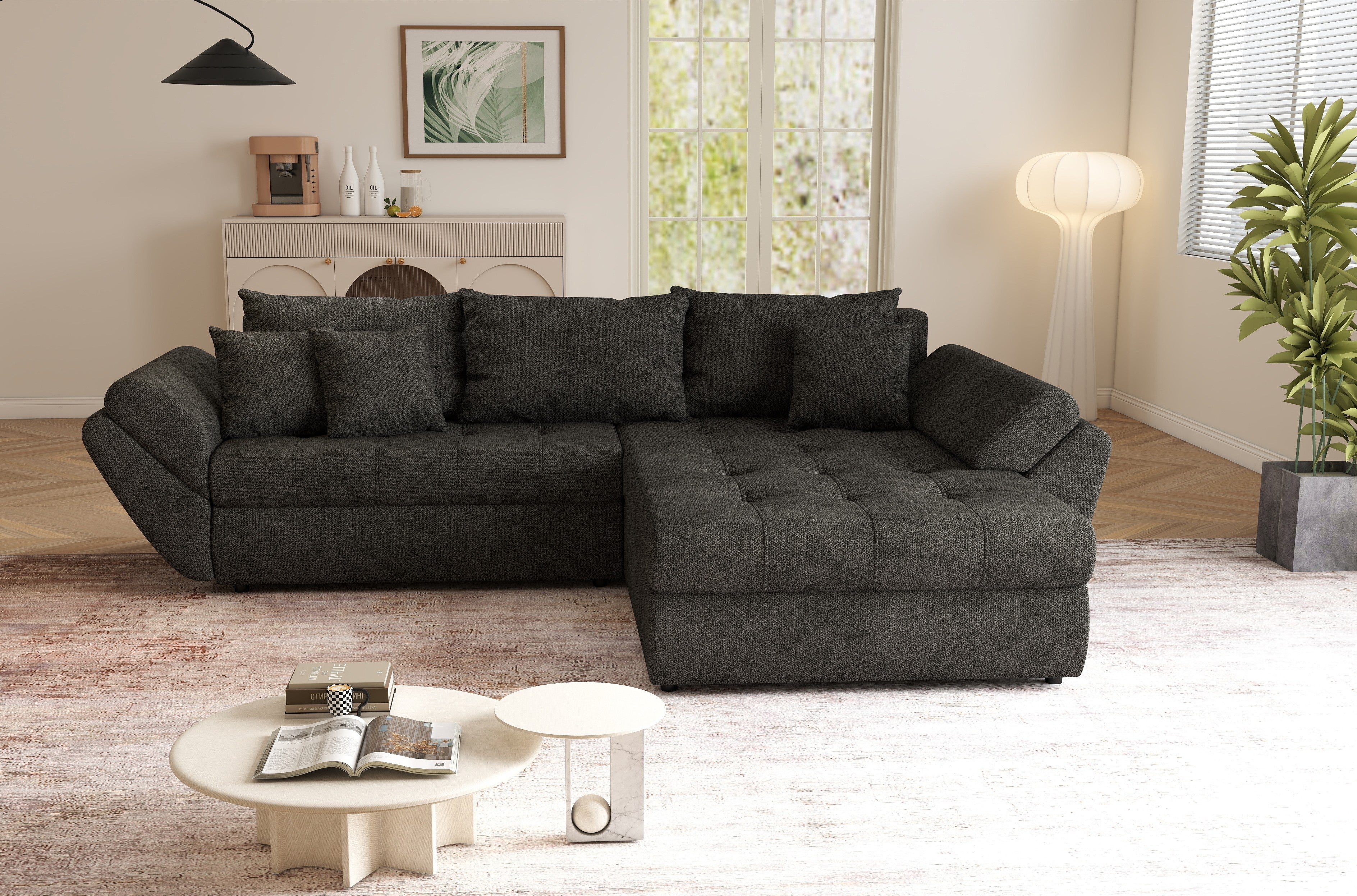 Colțar extensibil dumonde cu ladă de depozitare si sezut confortabil din spuma HR, Loana Negru 270x185 cm Fabrica