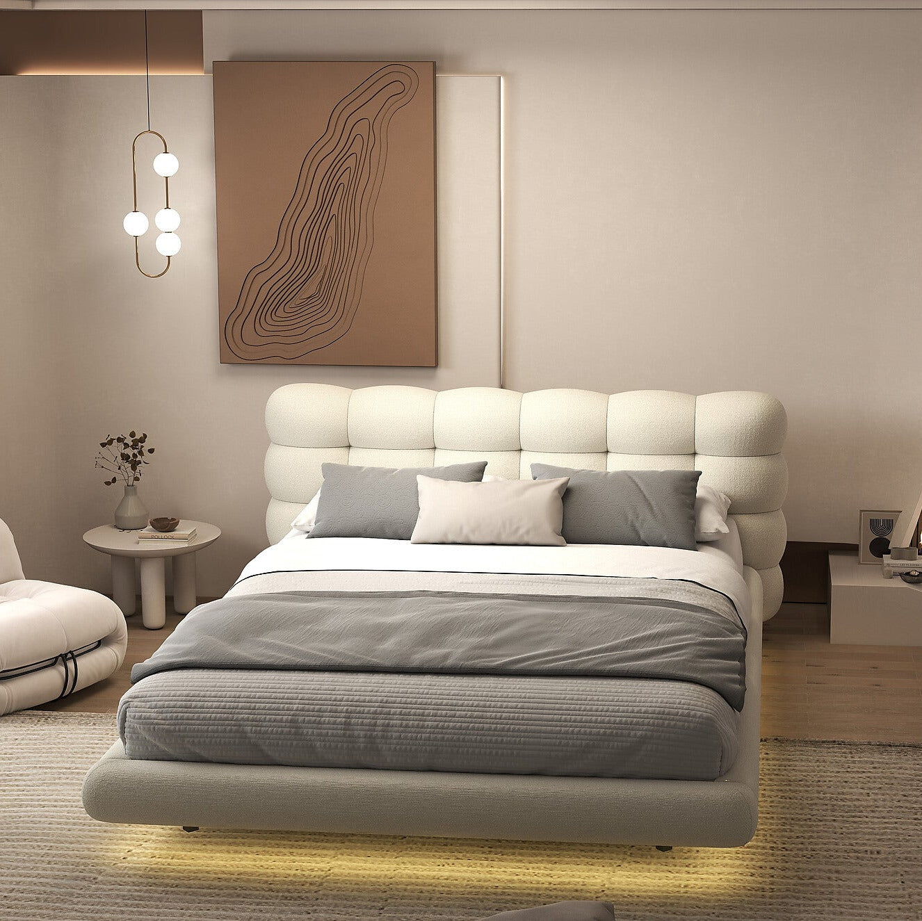 Pat dormitor dumonde, tapitat gri cu LED, "floating bed" Cloud 180x200 cm, somiera inclusa