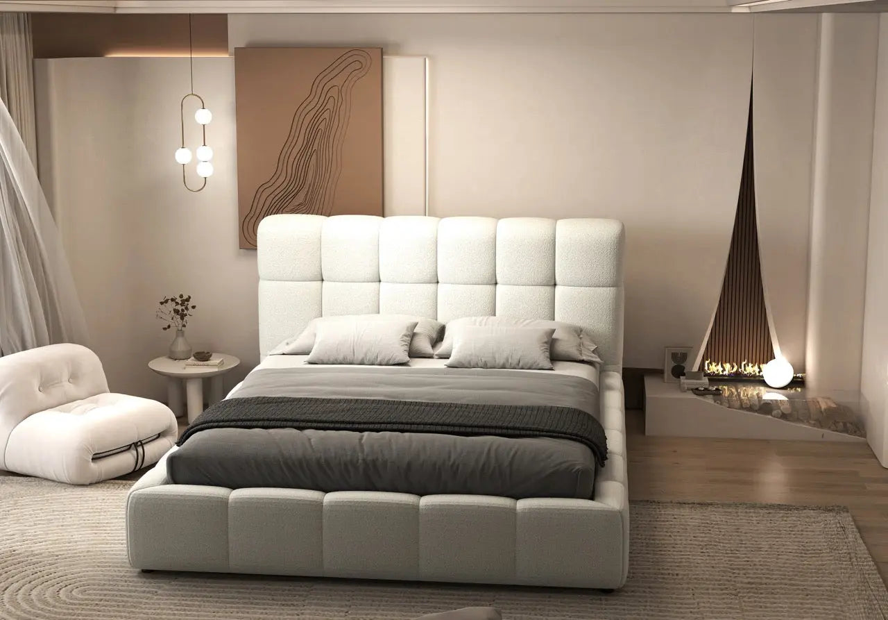 Pat dormitor dumonde, tapitat alb, Lorenzo 180x200 cm, somiera rabatabila inclusa, spatiu depozitare WLS