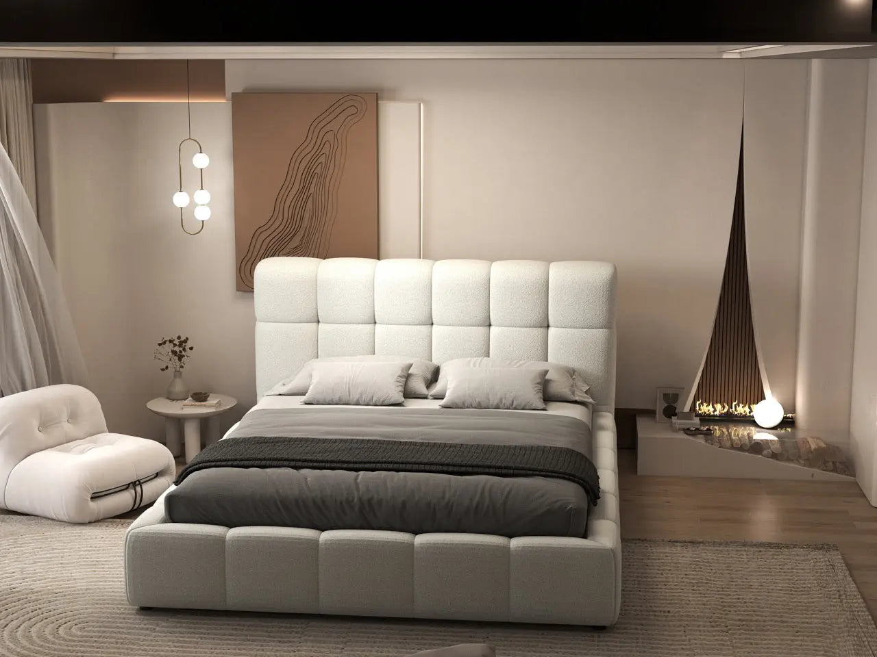 Pat dormitor dumonde, tapitat alb, Lorenzo 160x200 cm, somiera rabatabila inclusa, spatiu depozitare WLS