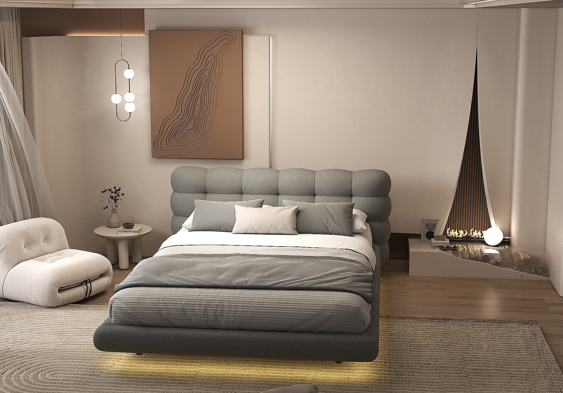 Pat dormitor dumonde, tapitat gri cu LED, "floating bed" Cloud 140x200 cm, somiera inclusa