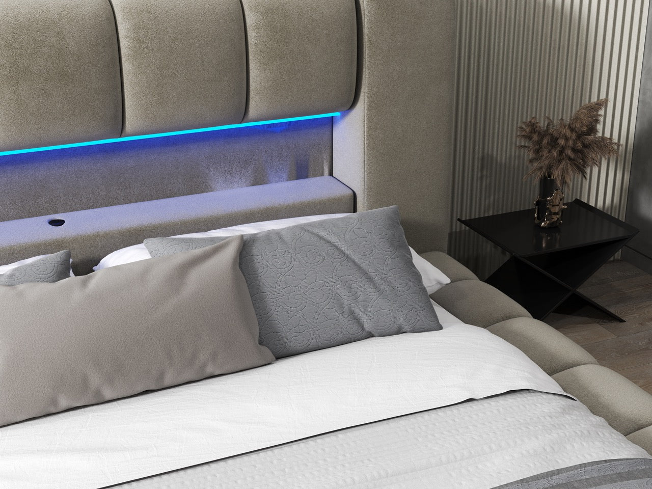 Pat dormitor dumonde, tapitat bej cu LED si USB, Palermo 160x200 cm, somiera rabatabila inclusa, spatiu depozitare WLS