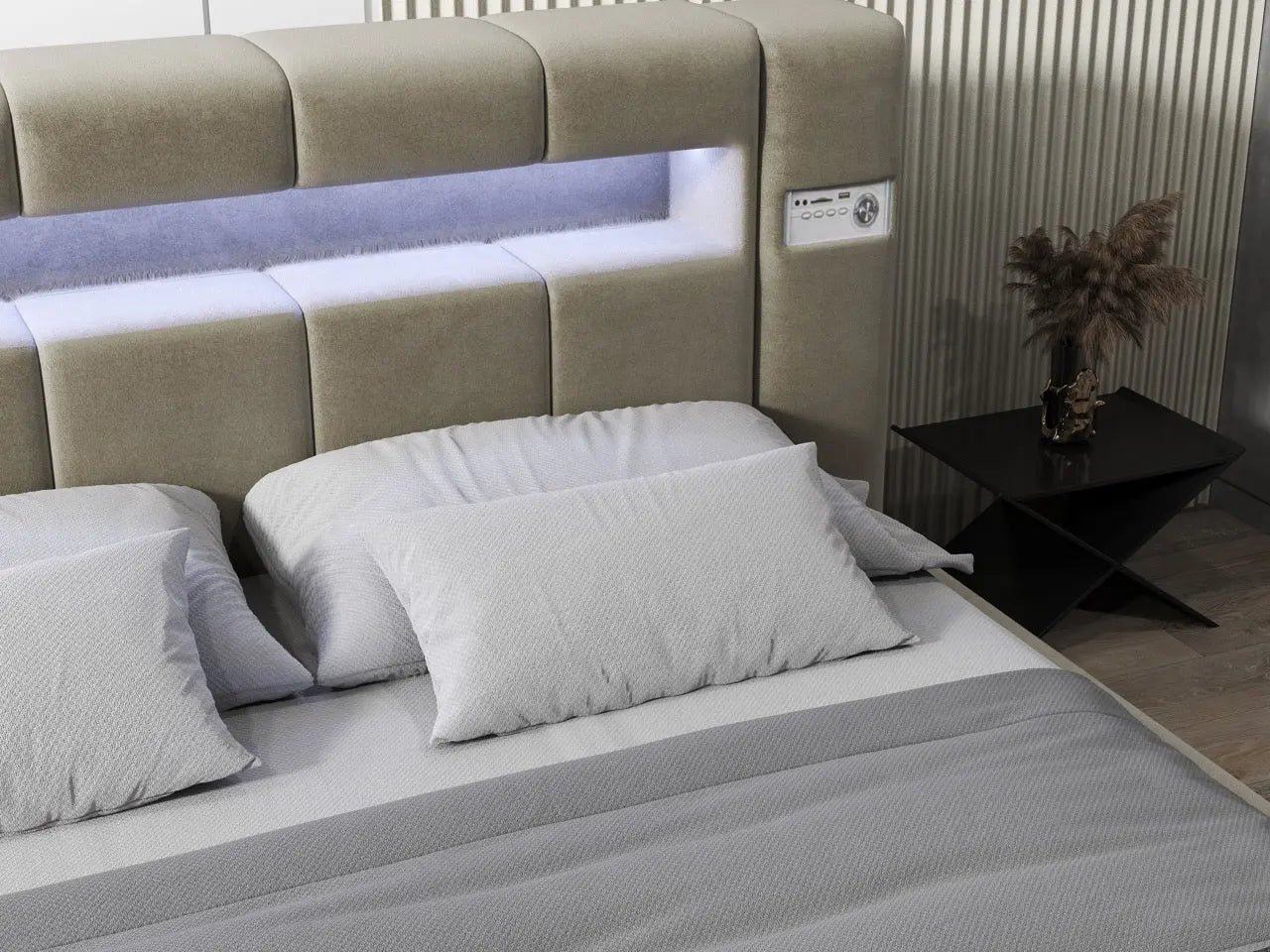 Pat dormitor dumonde, tapitat bej, Glow 160x200 cm, somiera rabatabila inclusa, spatiu depozitare WLS