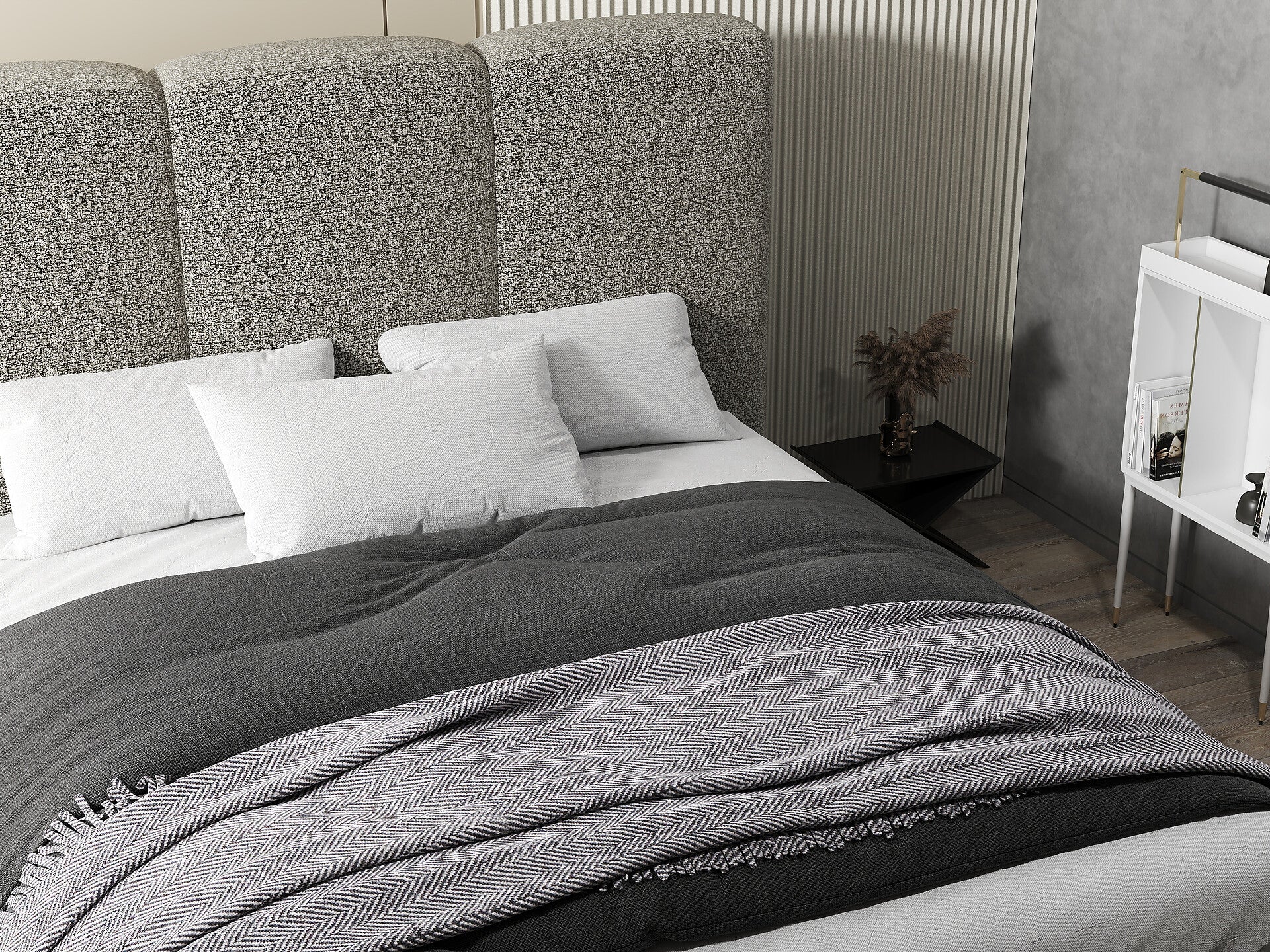 Pat dormitor dumonde, tapitat gri, Dinasty 160x200 cm, somiera rabatabila inclusa, spatiu depozitare