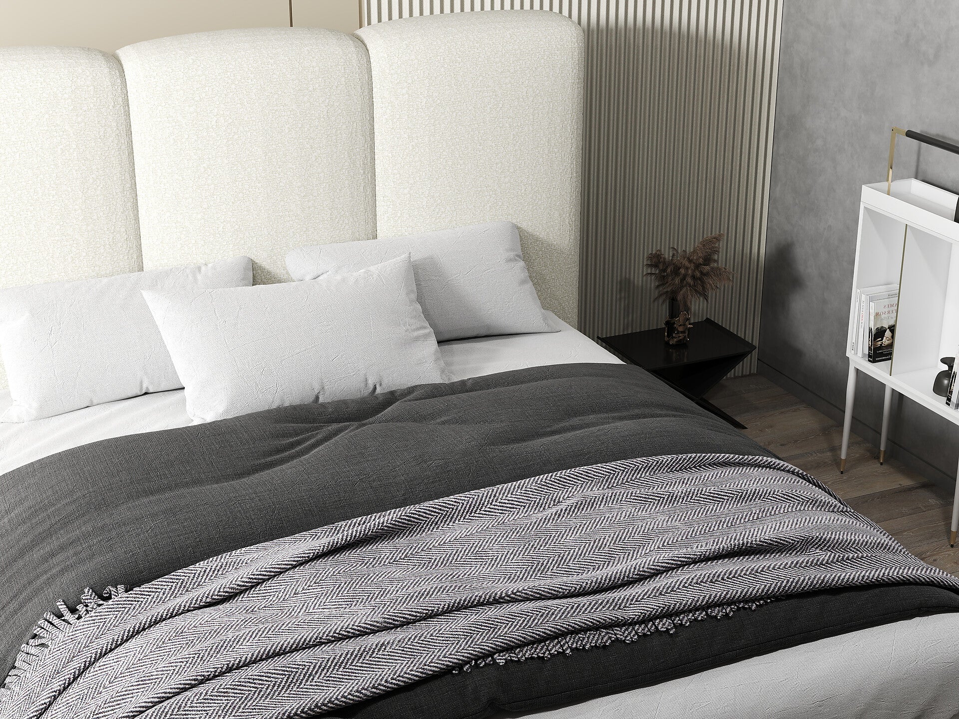 Pat dormitor dumonde, tapitat bej, Dinasty 160x200 cm, somiera rabatabila inclusa, spatiu depozitare