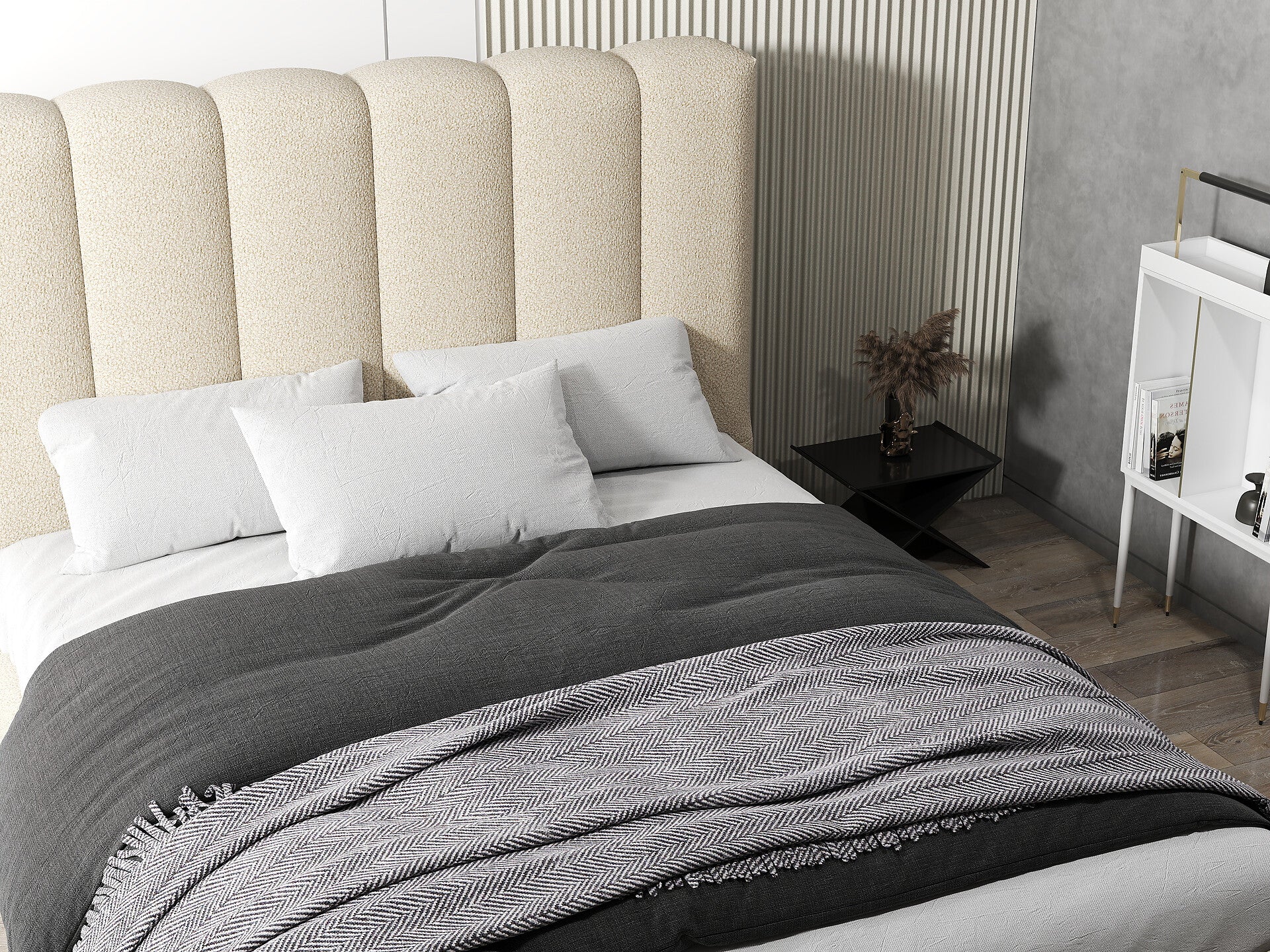 Pat dormitor dumonde, tapitat bej, Milano 160x200 cm, somiera rabatabila inclusa, spatiu depozitare