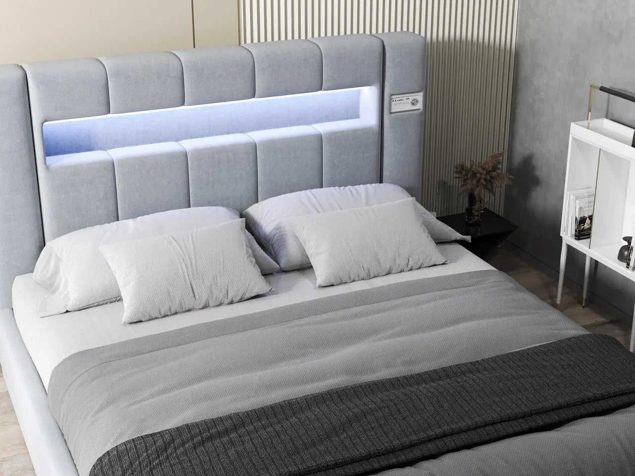 Pat dormitor dumonde, tapitat gri, Glow 180x200 cm, somiera rabatabila inclusa, spatiu depozitare WLS