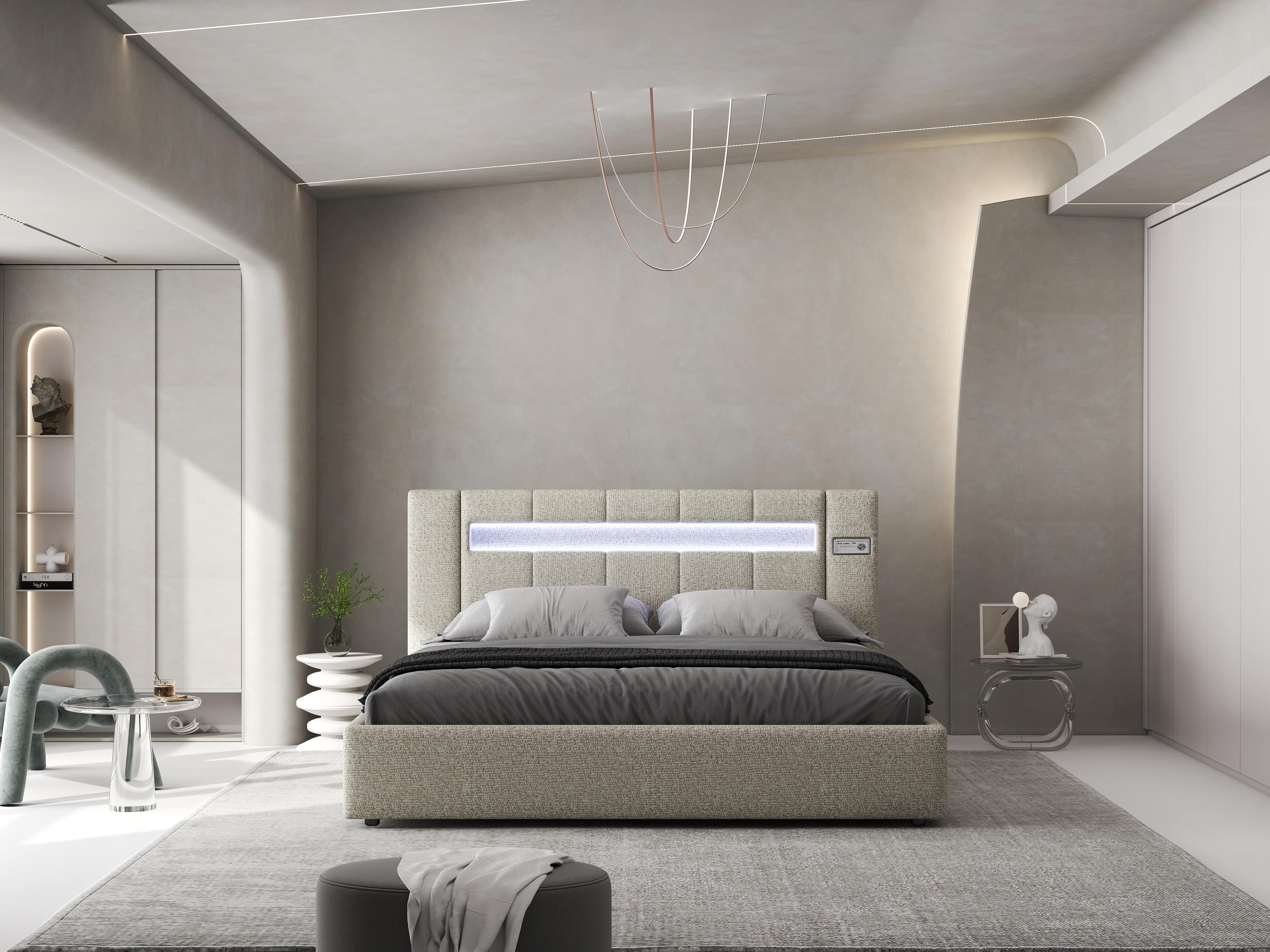 Pat dormitor dumonde, tapitat gri, Glow 180x200 cm, somiera rabatabila inclusa, spatiu depozitare