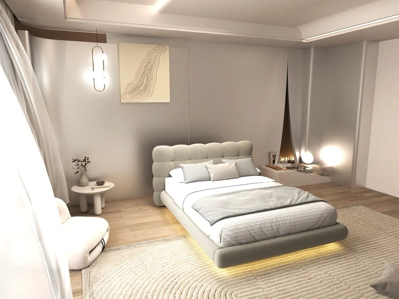 Pat dormitor dumonde, tapitat bej cu LED, "floating bed" Cloud 160x200 cm, somiera inclusa WLS