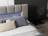 Pat dormitor dumonde, tapitat bej cu LED si USB, Palermo 140x200 cm, somiera rabatabila inclusa, spatiu depozitare