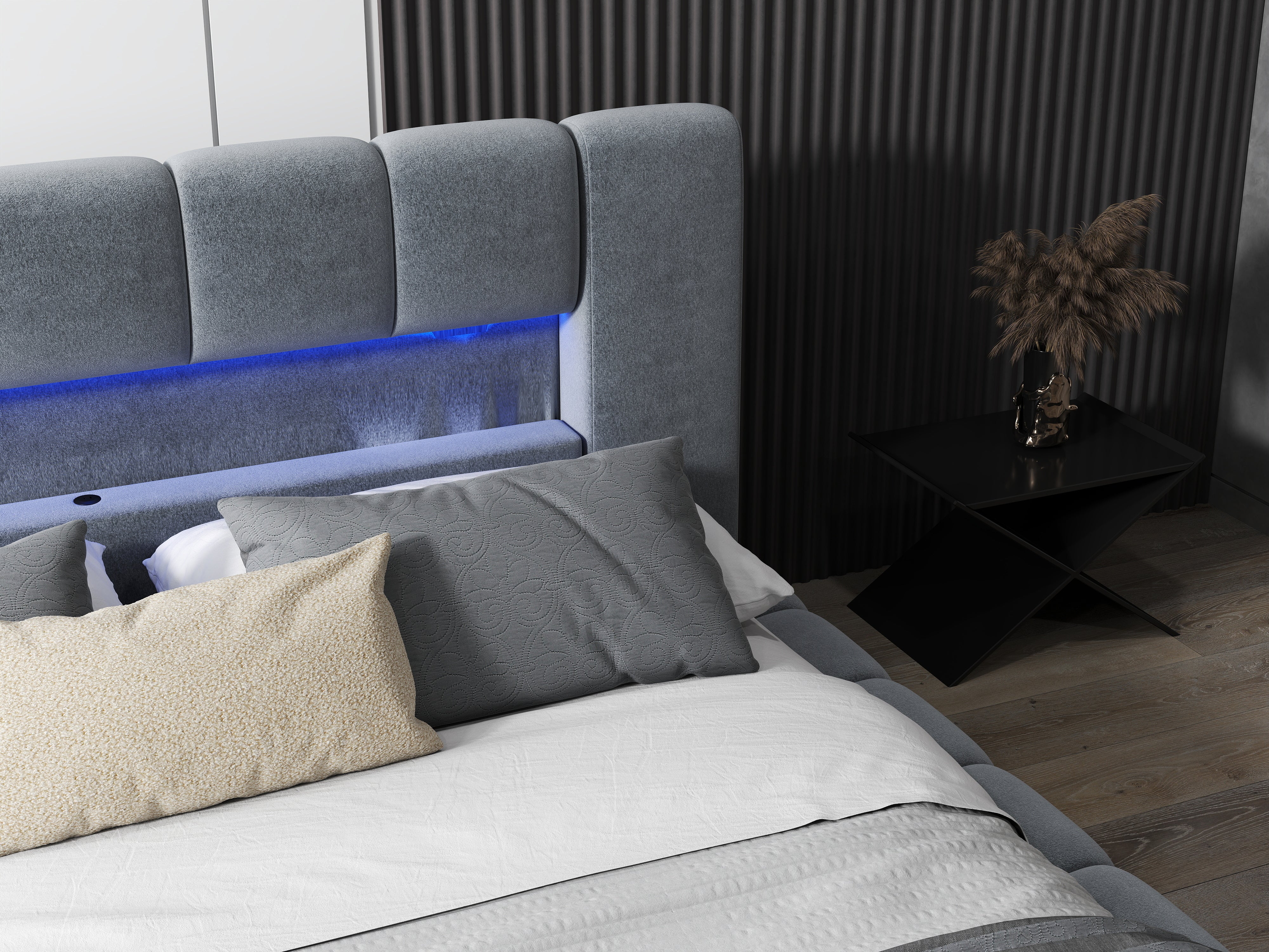 Pat dormitor dumonde, tapitat gri cu LED si USB, Palermo 140x200 cm, somiera rabatabila inclusa, spatiu depozitare WLS