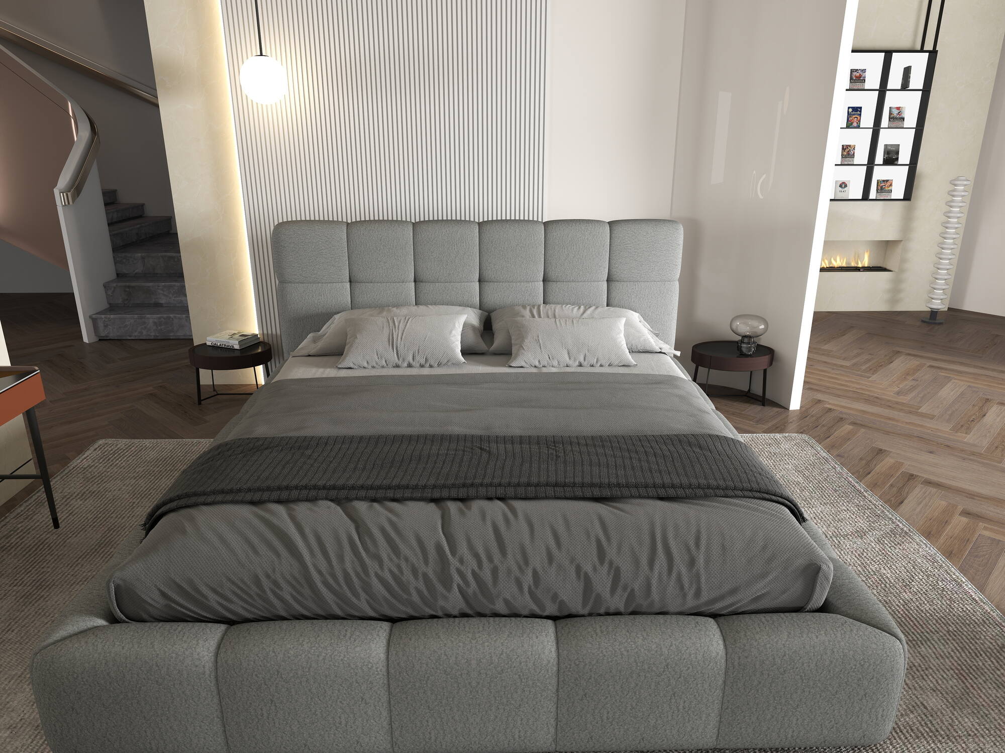 Pat dormitor dumonde, tapitat gri, Lorenzo 180X200 cm, somiera rabatabila inclusa, spatiu depozitare