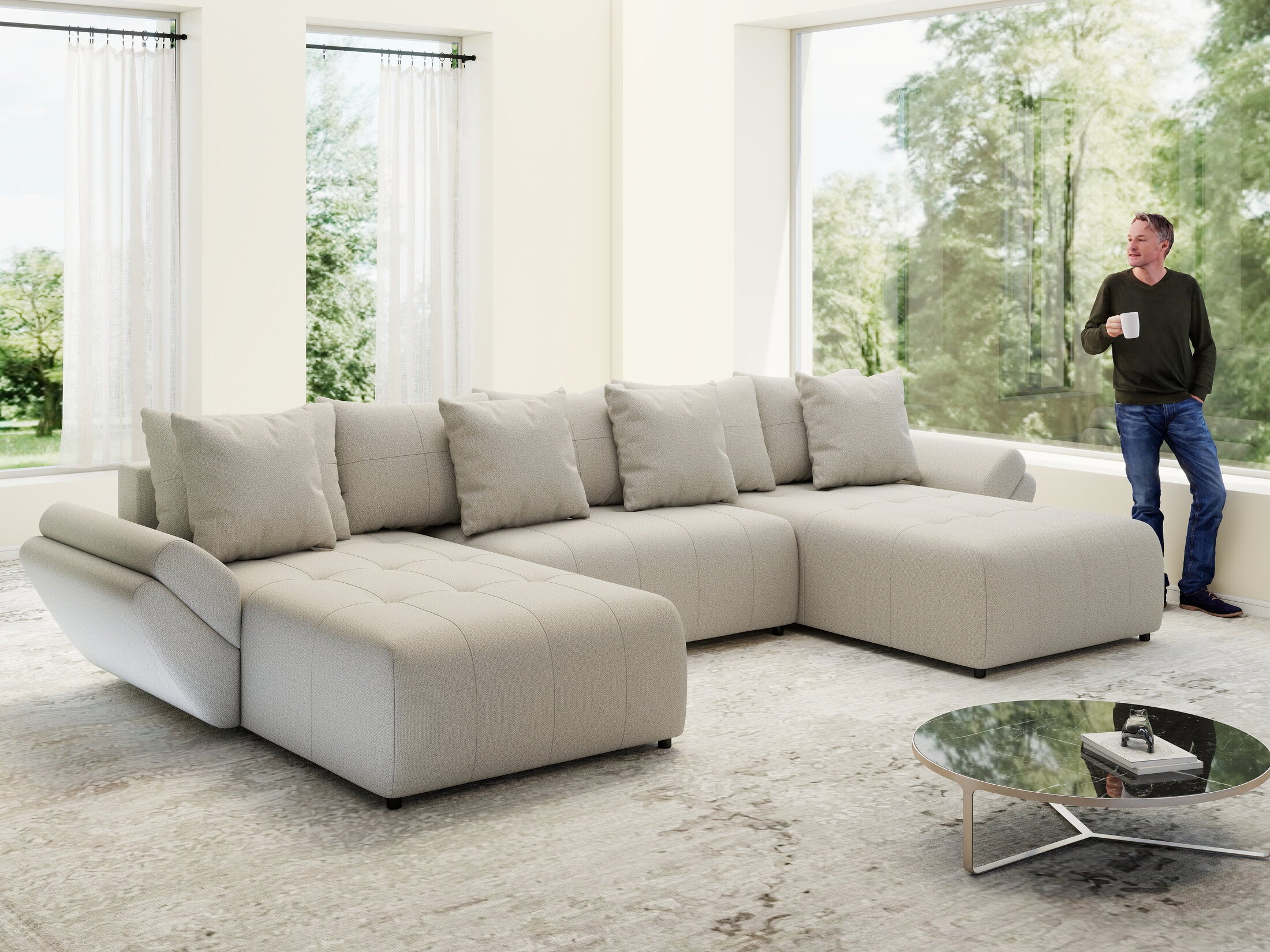 Colțar extensibil dumonde cu ladă de depozitare si sezut confortabil din spuma HR, Berlin U Enjoy Bej 380x180 cm