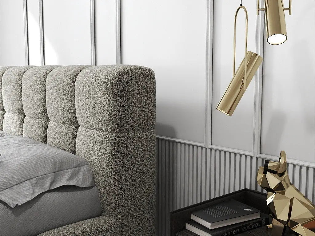 Pat dormitor dumonde, tapitat gri, Lorenzo 140x200 cm, somiera rabatabila inclusa, spatiu depozitare WLS