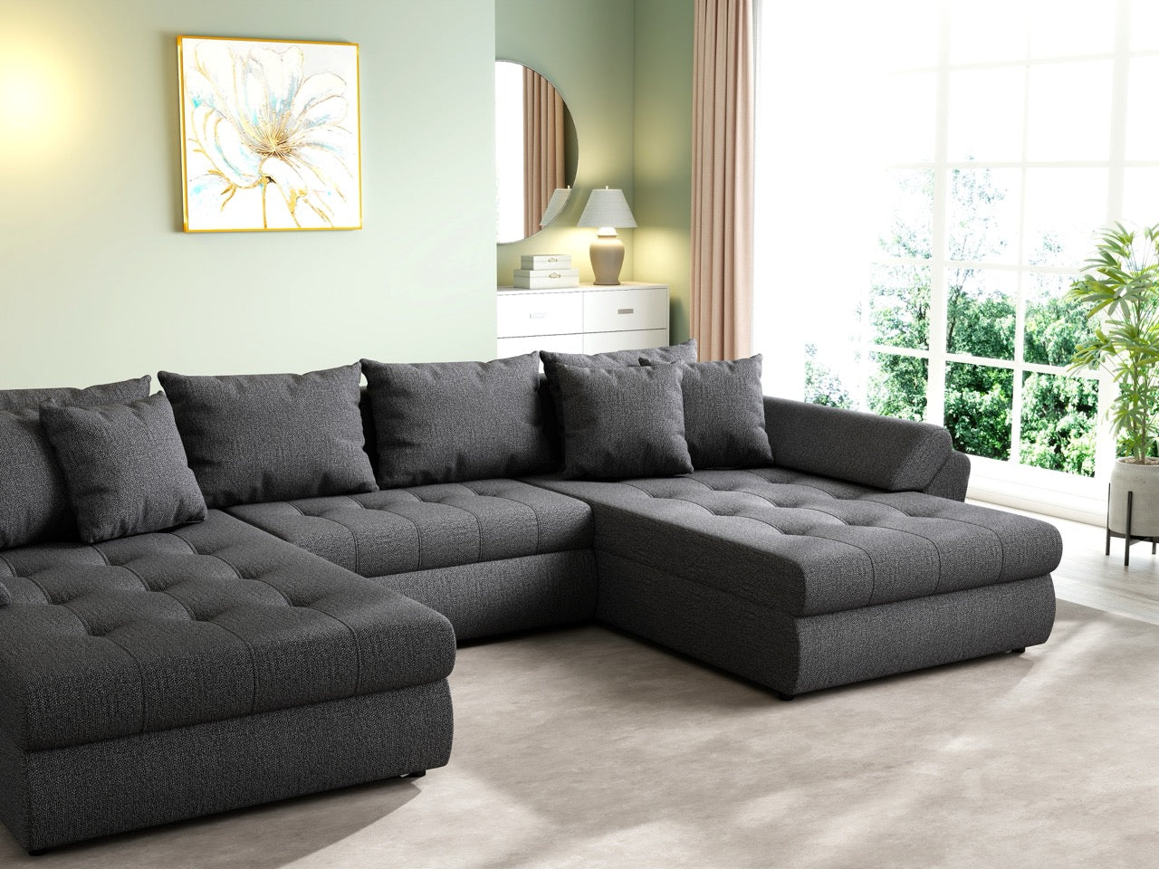 Colțar extensibil dumonde cu ladă de depozitare si sezut confortabil din spuma HR, Loana U Enjoy Grafit 355x185 cm