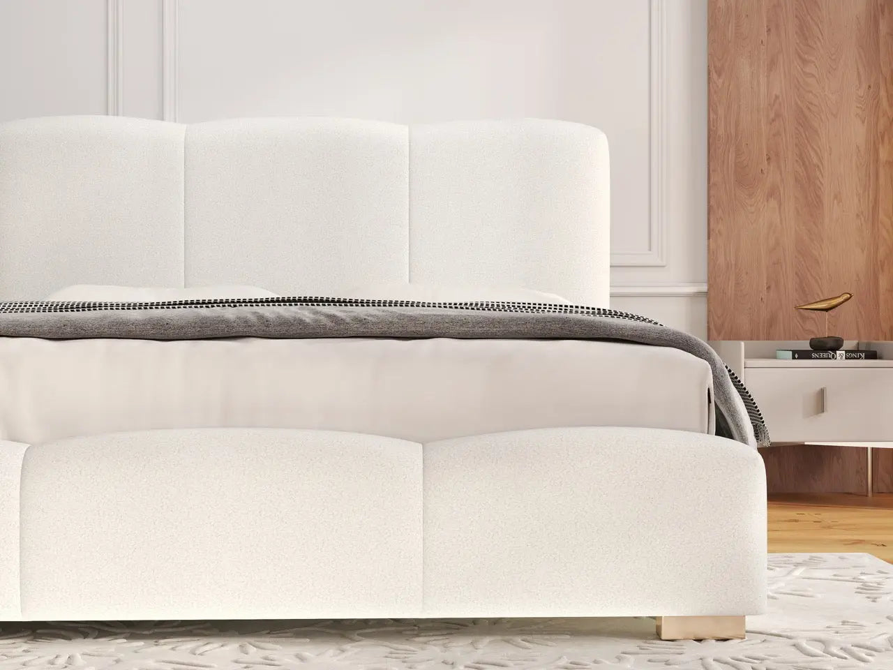 Pat dormitor dumonde, tapitat alb, Havana 140x200 cm, somiera rabatabila inclusa, spatiu depozitare WLS