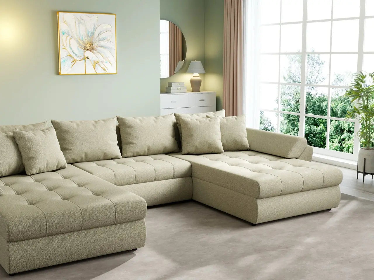 Colțar extensibil dumonde cu ladă de depozitare si sezut confortabil din spuma HR, Loana U Enjoy Camel 355x185 cm Fabrica