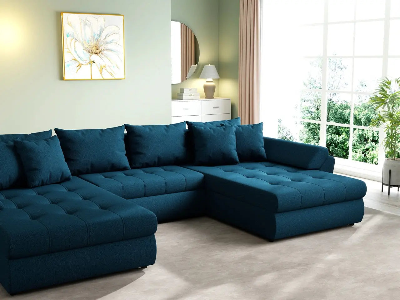 Colțar extensibil dumonde cu ladă de depozitare si sezut confortabil din spuma HR, Loana U Enjoy Petrol 355x185 cm Fabrica