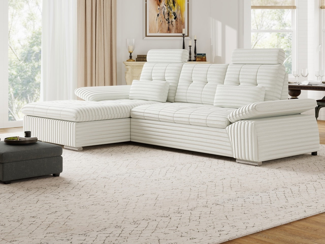 Colțar extensibil dumonde cu ladă de depozitare și șezut confortabil din spumă HR, Merkur Ambience Alb 270x168 cm