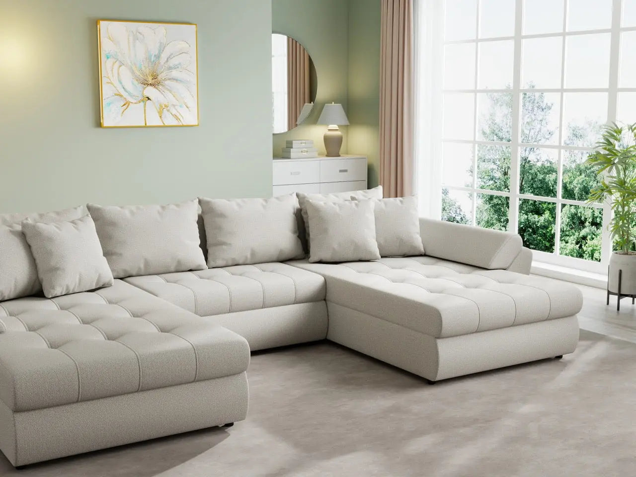 Colțar extensibil dumonde cu ladă de depozitare si sezut confortabil din spuma HR, Loana U Enjoy Bej 355x185 cm Fabrica