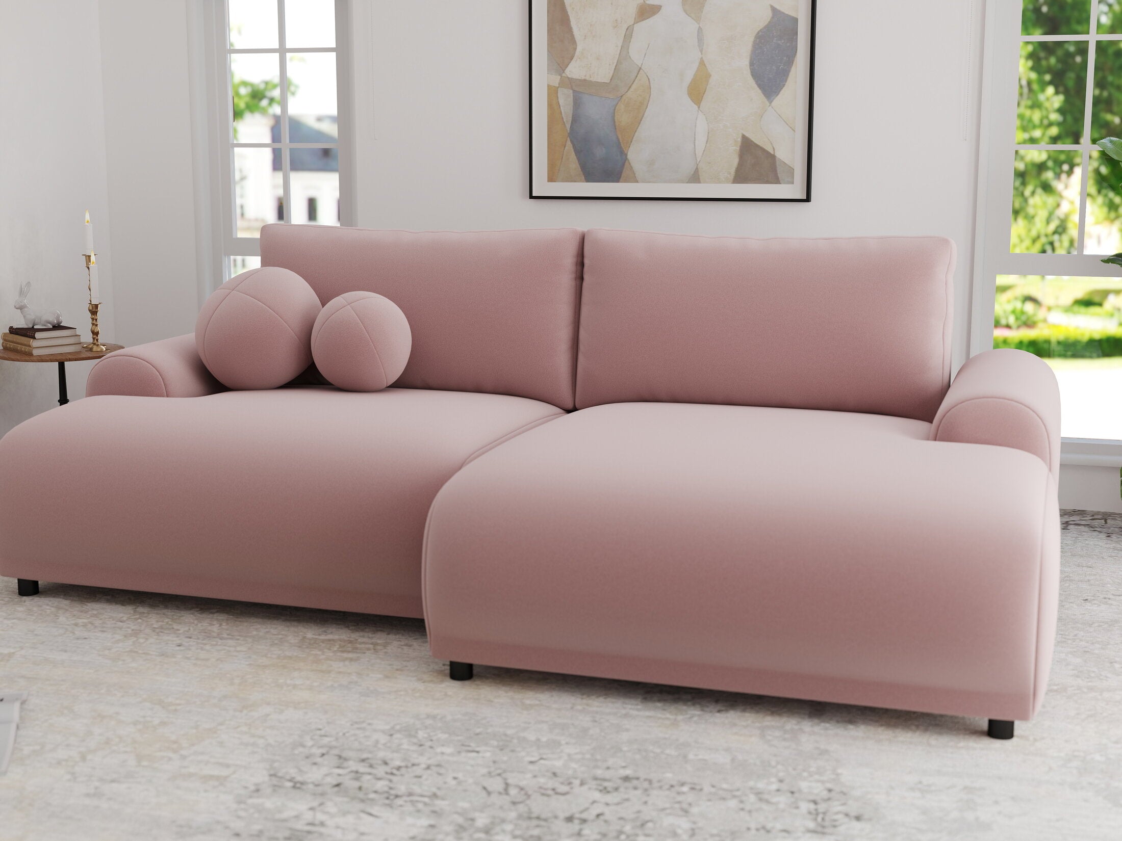 Colțar extensibil dumonde cu ladă de depozitare și șezut confortabil din spumă HR, Carlo Royal Roz 240x145 cm II