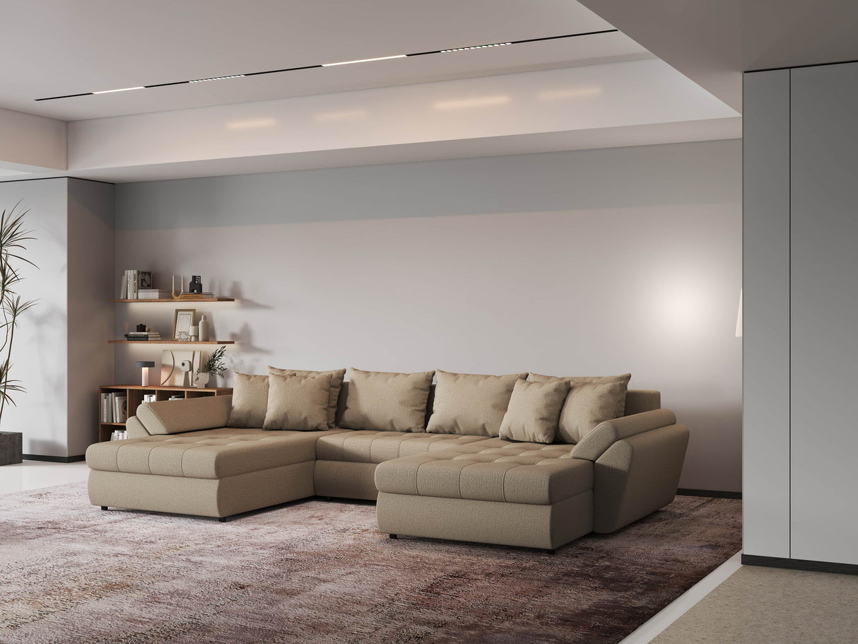 Colțar extensibil dumonde cu ladă de depozitare si sezut confortabil din spuma HR, Loana Bej U 355x185 cm Fabrica