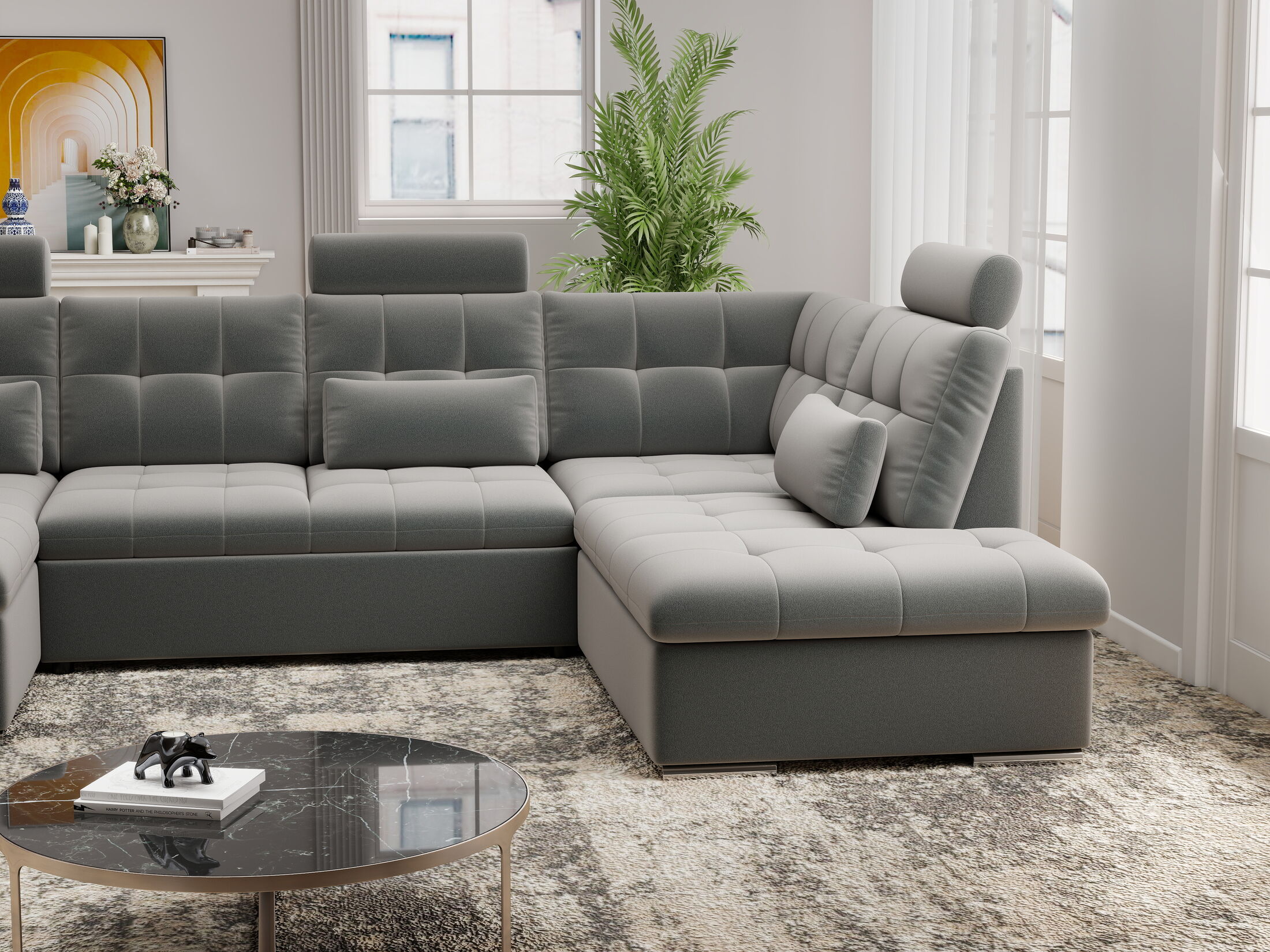 Colțar extensibil dumonde cu ladă de depozitare și șezut confortabil din spumă HR, Merkur U Royal Antracit 324x218 cm