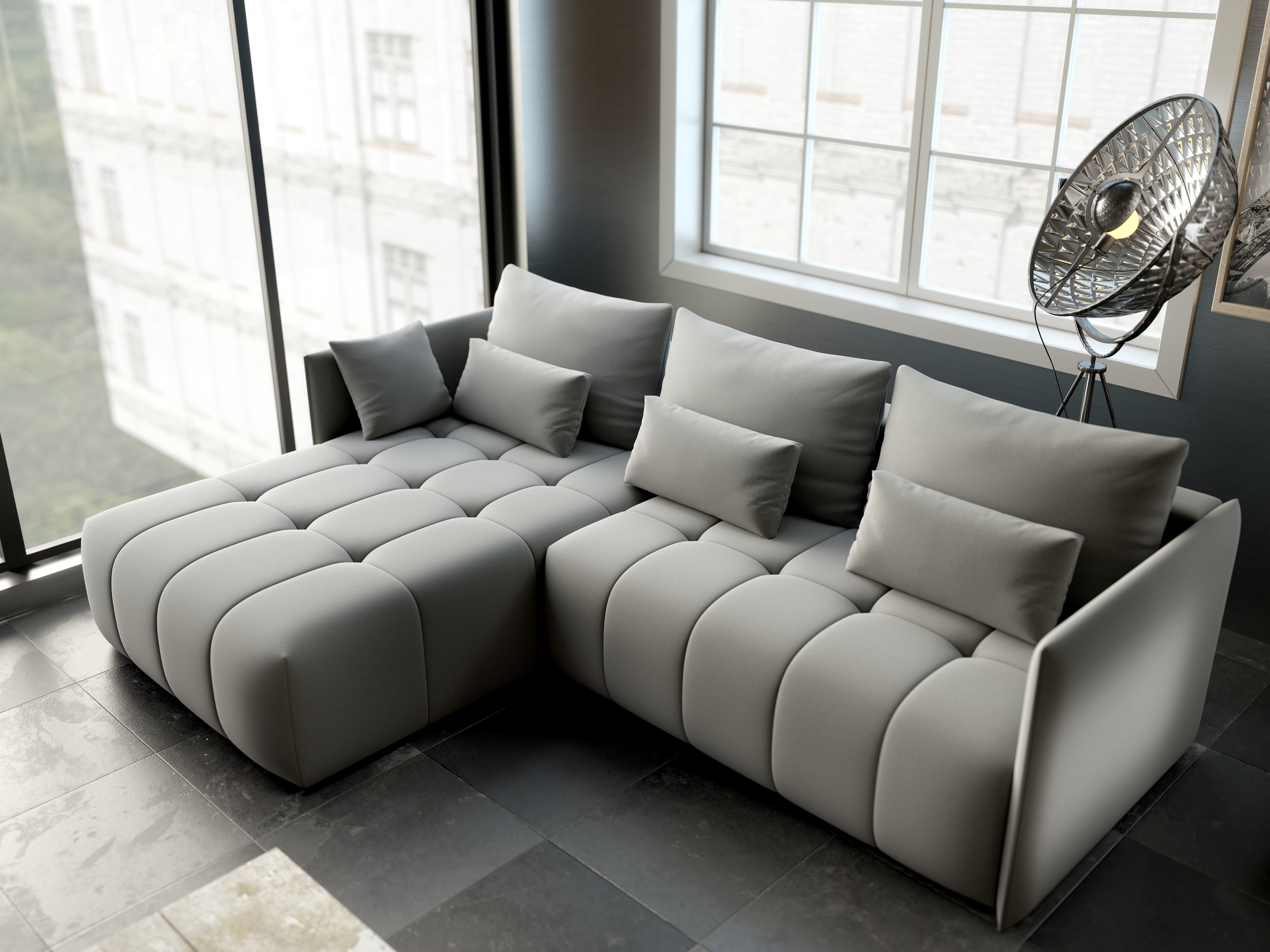 Colțar extensibil dumonde cu ladă de depozitare si sezut confortabil din spuma HR, Malta Royal Grey 235x185 cm Fabrica