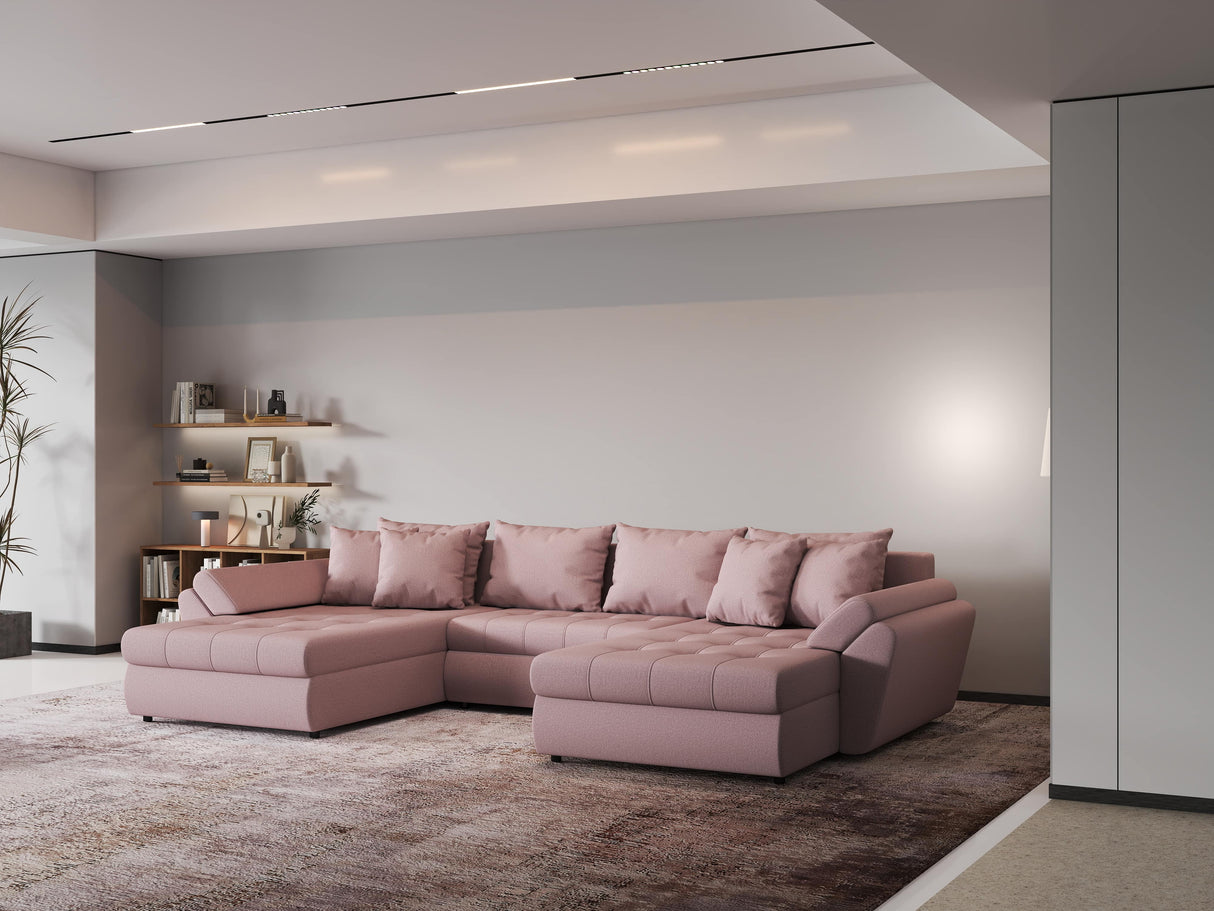 Colțar extensibil dumonde cu ladă de depozitare si sezut confortabil din spuma HR, Loana Enjoy Roz U 355x185 cm Fabrica