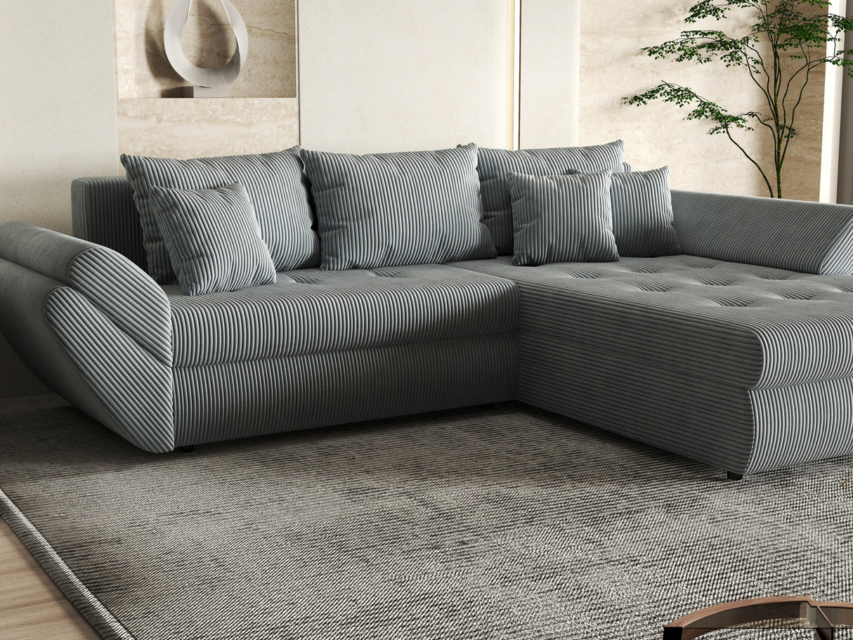 Colțar extensibil dumonde cu ladă de depozitare si sezut confortabil din spuma HR, Loana GREY Zoom II 270x185 cm Fabrica