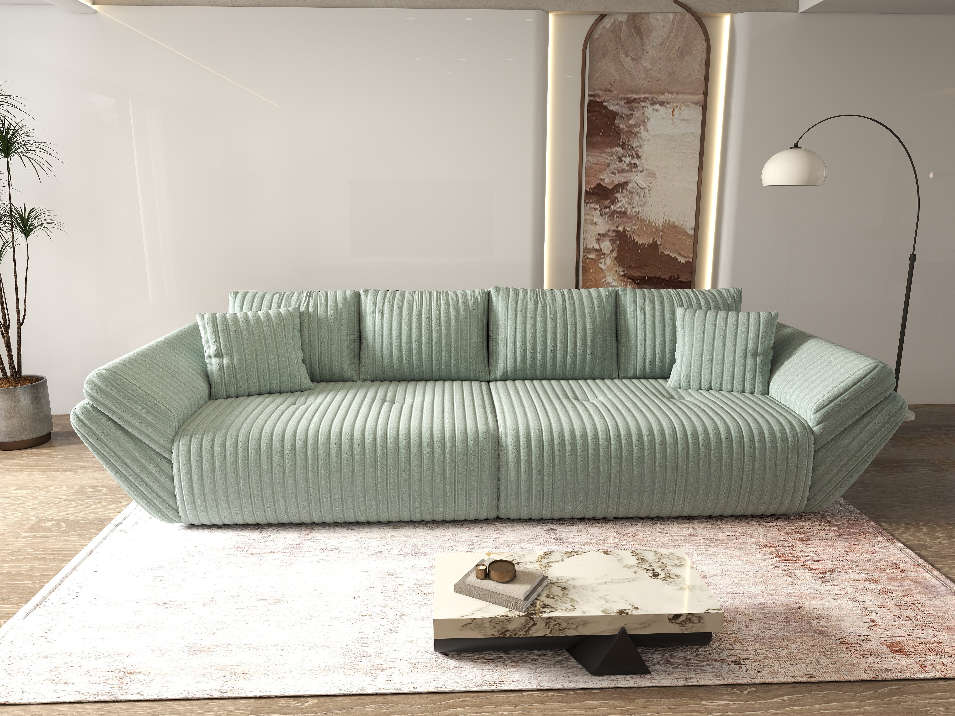 Canapea extensibilă dumonde cu ladă de depozitare si sezut confortabil din spuma HR, Berlin Ambience Mint 300x100 cm Fabrica