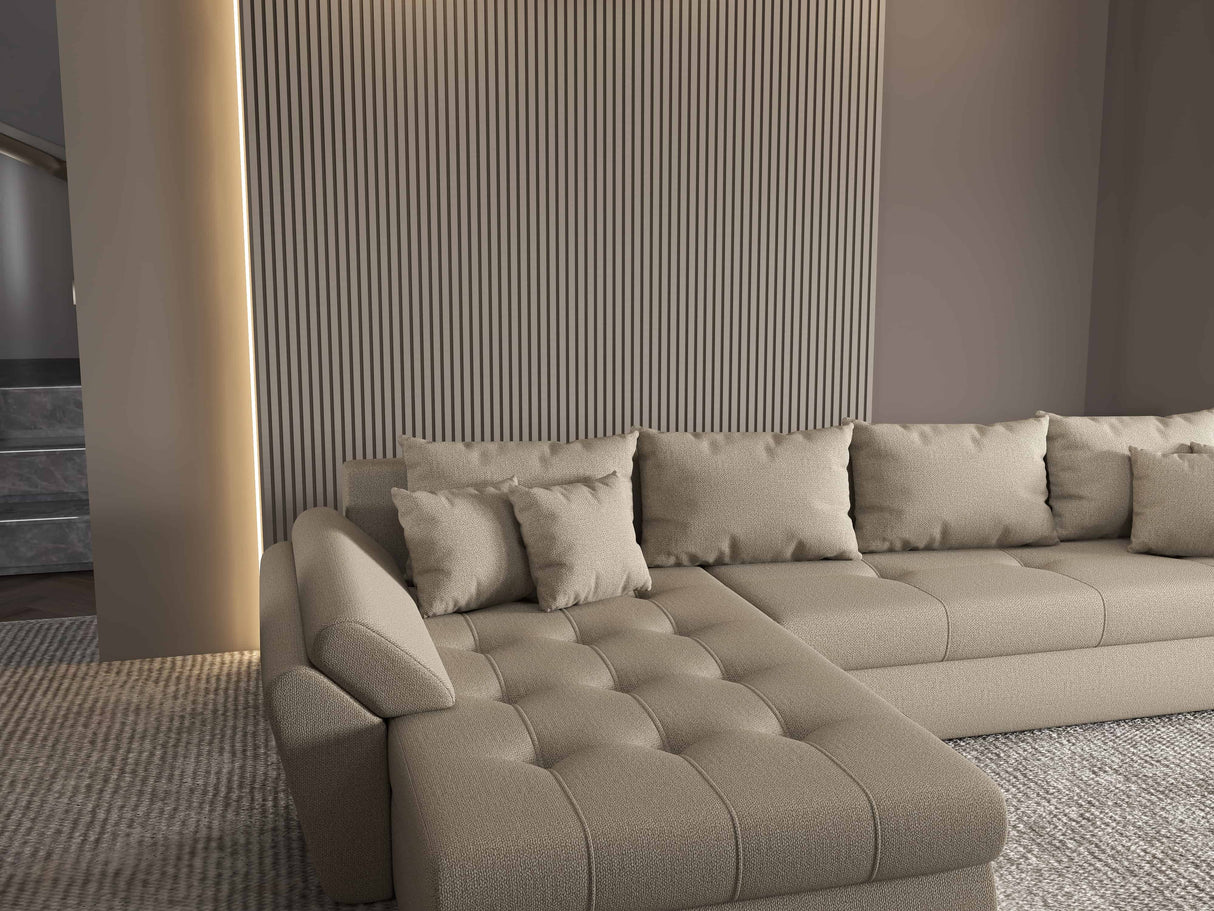 Colțar extensibil dumonde cu ladă de depozitare si sezut confortabil din spuma HR, Loana XL Enjoy Bej 335x185 cm Fabrica