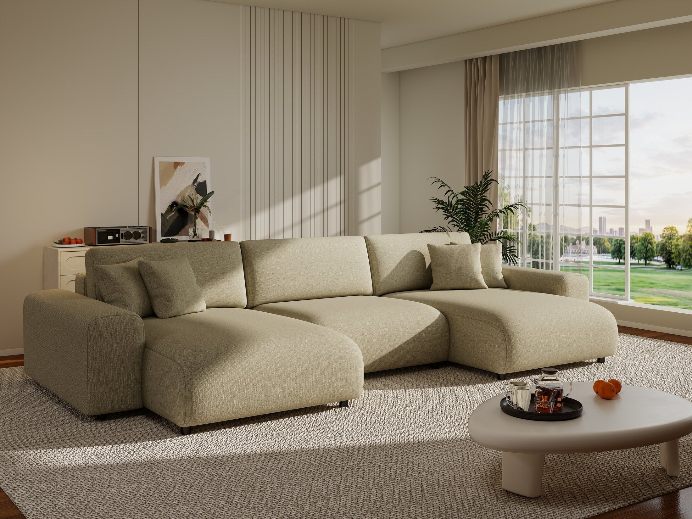 Colțar extensibil dumonde cu ladă de depozitare si sezut confortabil din spuma HR, Sarina U Enjoy Bej 350x168 cm