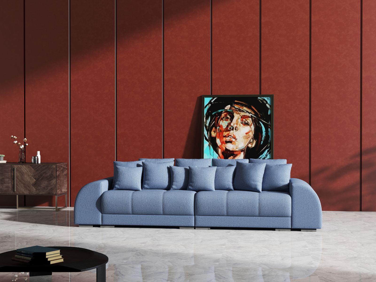 Canapea extensibilă dumonde cu 2 lăzi de depozitare si sezut confortabil din spuma HR, Big Sofa Verona Enjoy Lux Blue 310x100 cm Fabrica