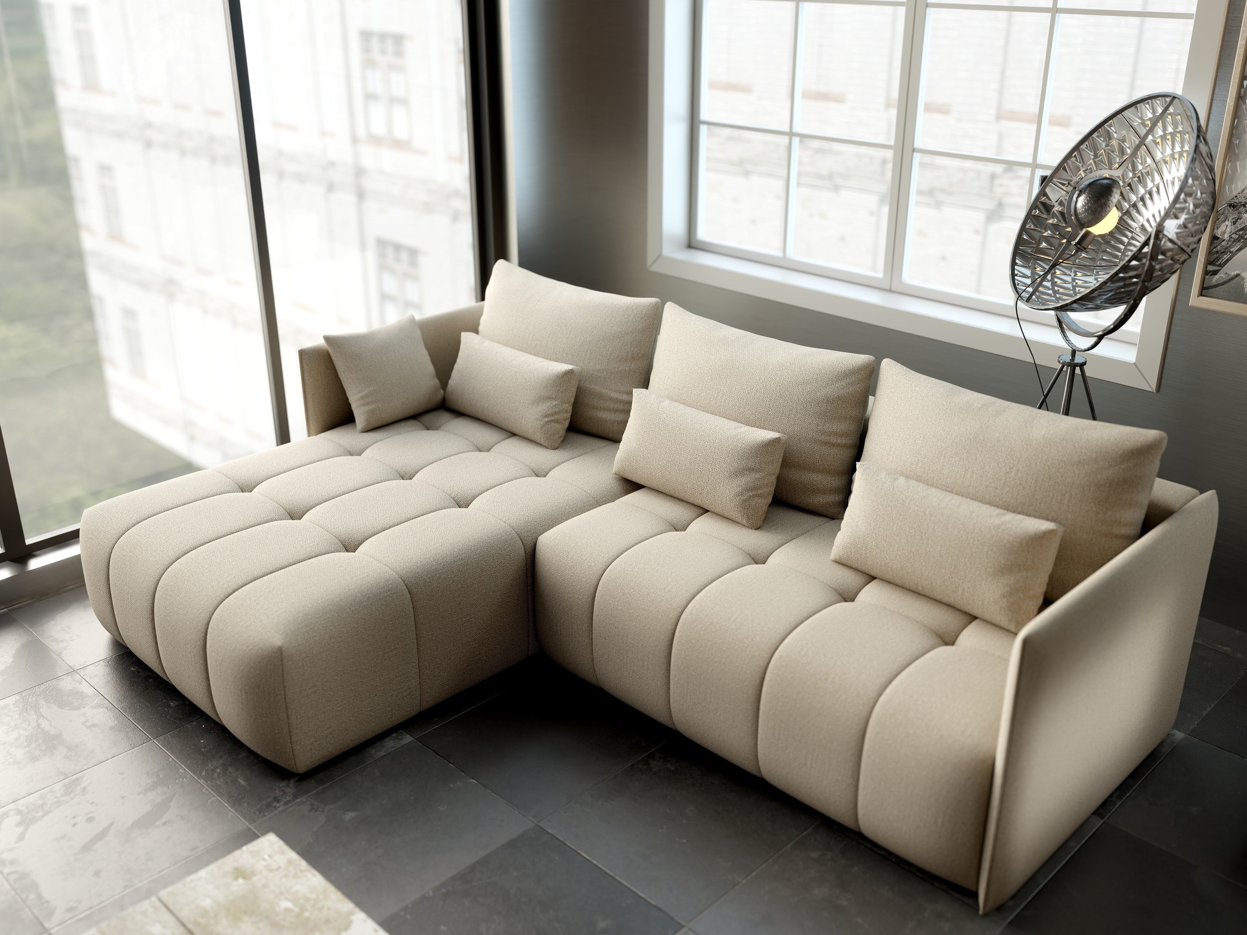 Colțar extensibil dumonde cu ladă de depozitare si sezut confortabil din spuma HR, Malta Bej 235x185 cm Fabrica
