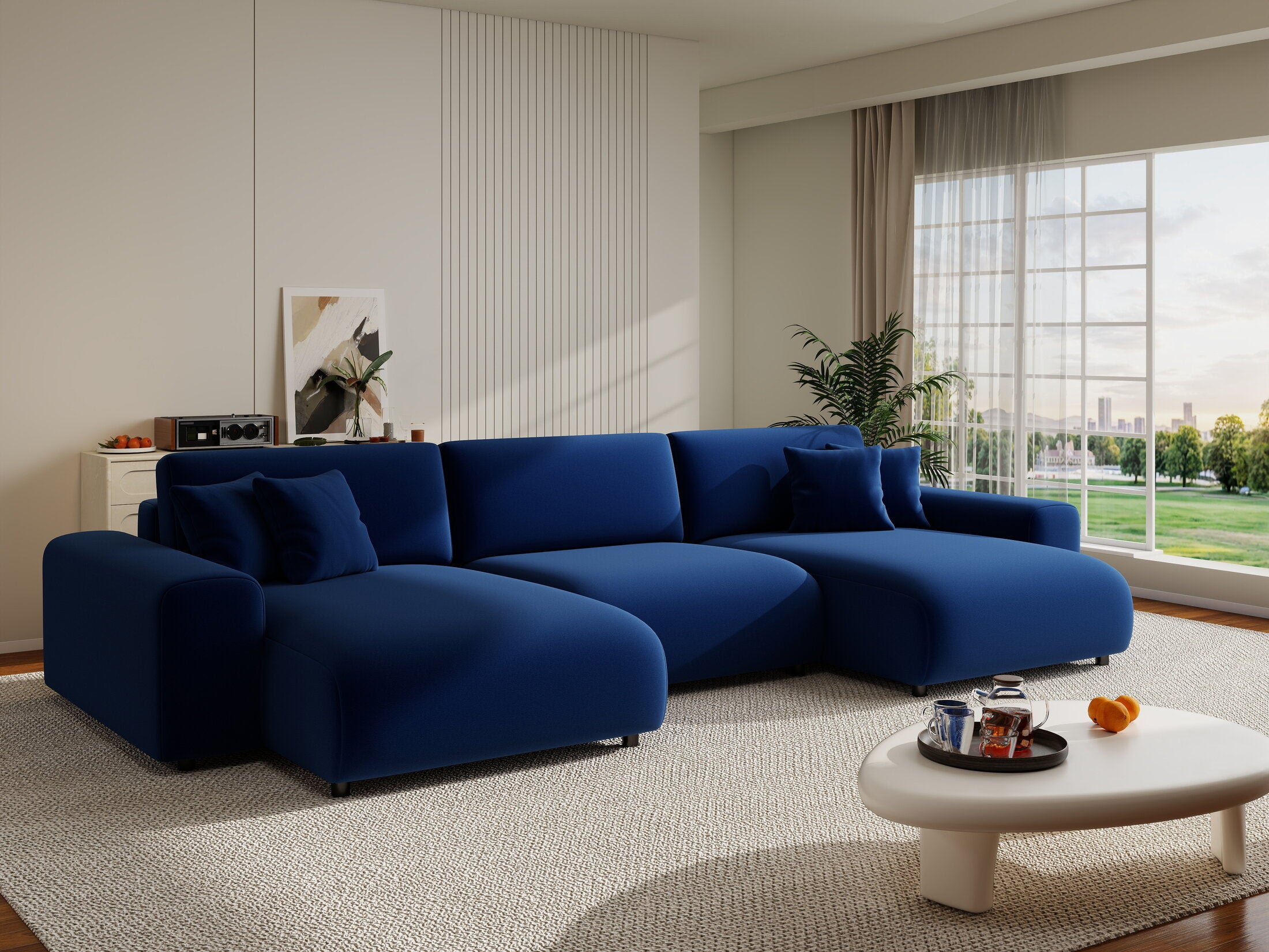 Colțar extensibil dumonde cu ladă de depozitare si sezut confortabil din spuma HR, Sarina U Royal Albastru Navy 350x168 cm