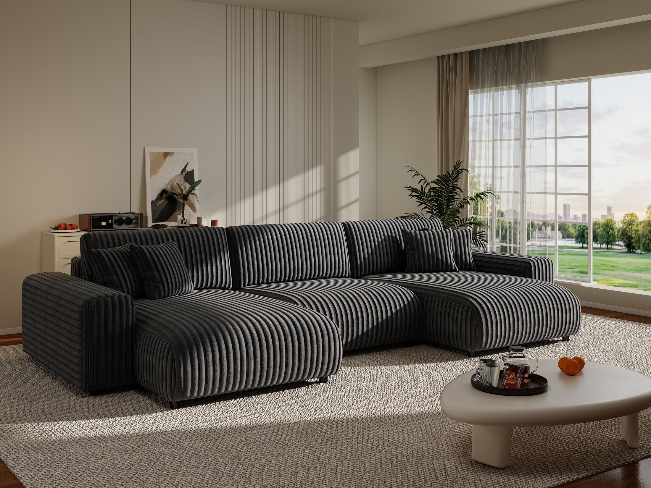 Colțar extensibil dumonde cu ladă de depozitare si sezut confortabil din spuma HR, Sarina U Ambience Gri 350x168 cm