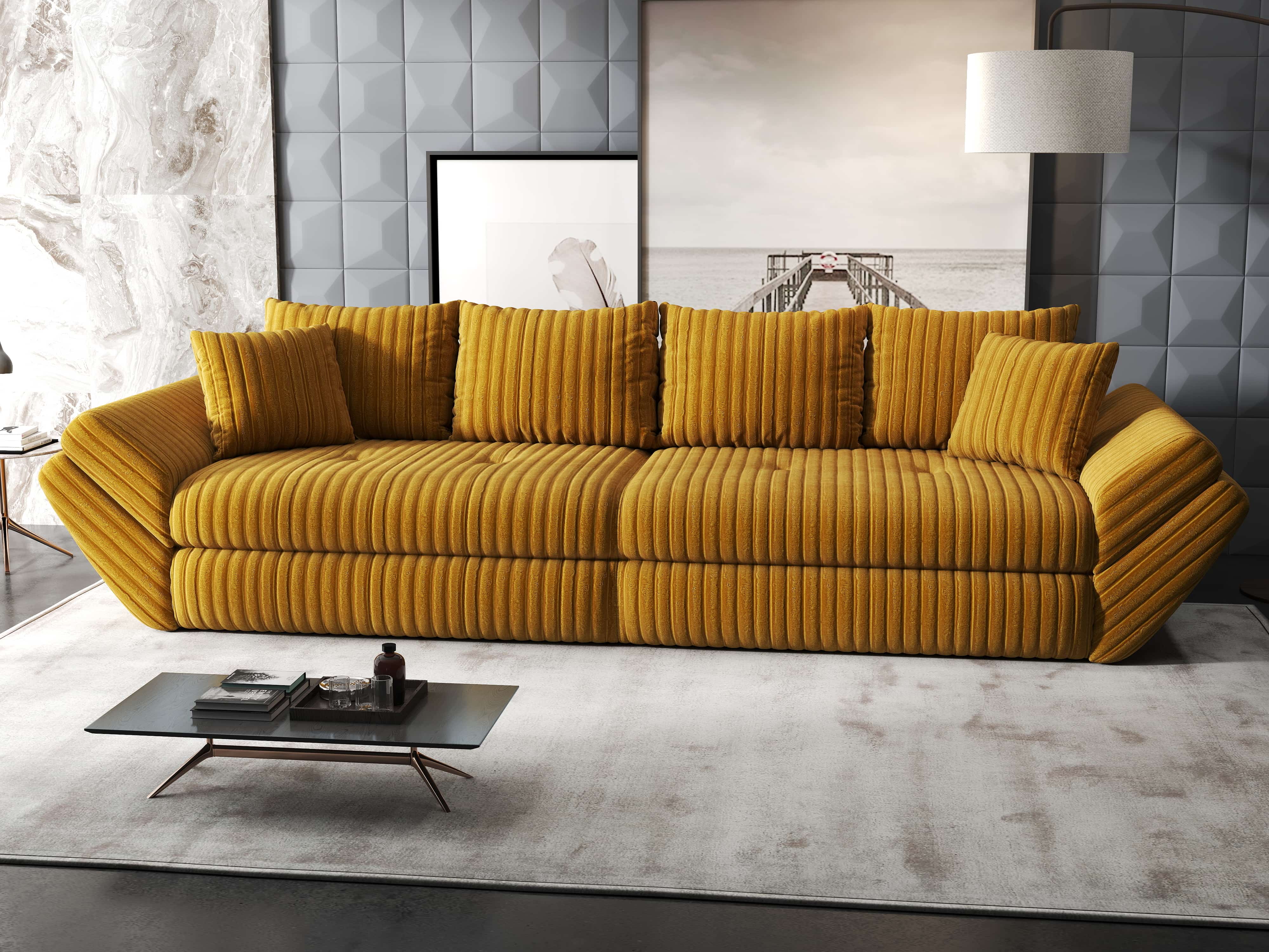 Canapea extensibilă dumonde cu ladă de depozitare si sezut confortabil din spuma HR, Loana Ambience Mustar 300x100 cm Fabrica