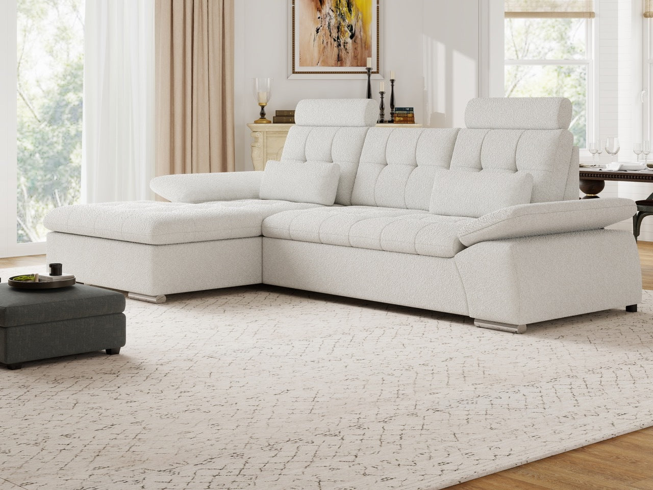 Colțar extensibil dumonde cu ladă de depozitare și șezut confortabil din spumă HR, Merkur Euphoria Alb 270x168 cm