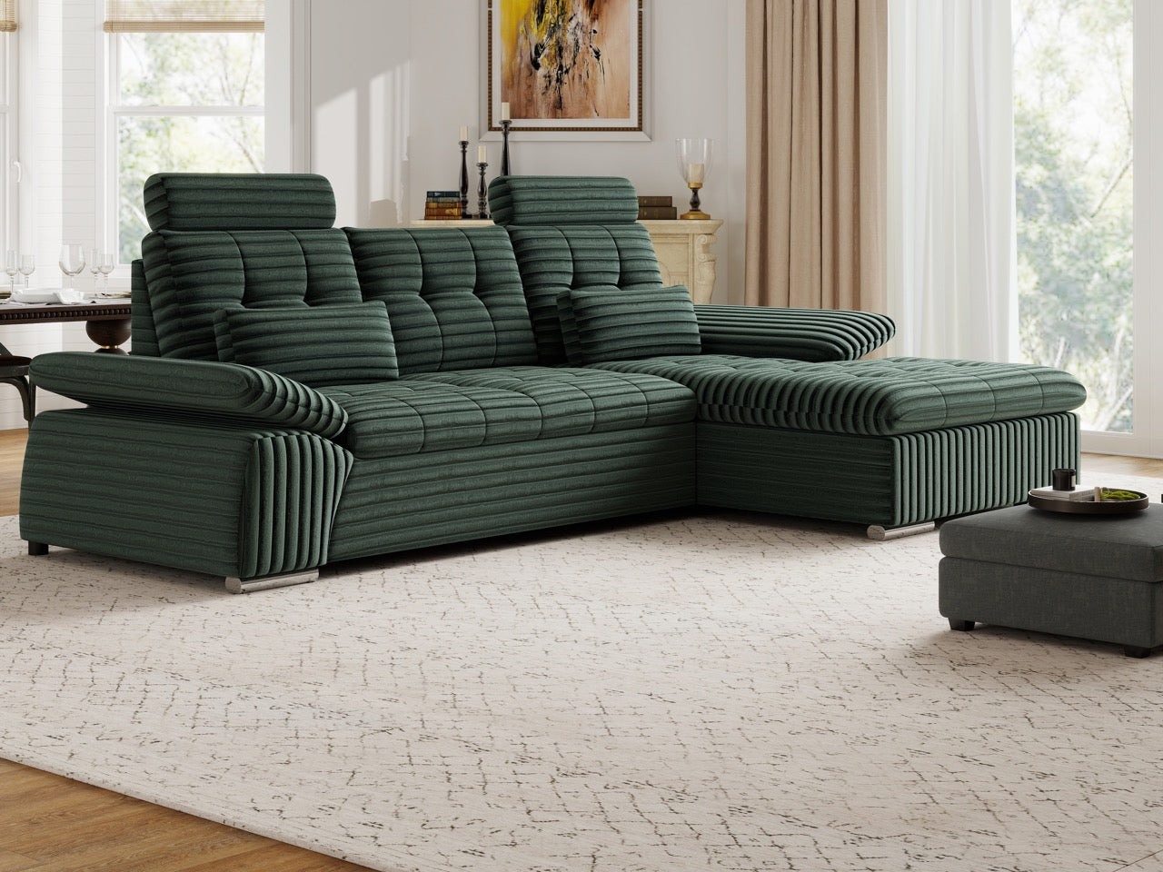 Colțar extensibil dumonde cu ladă de depozitare și șezut confortabil din spumă HR, Merkur Ambience Verde 270x168 cm II