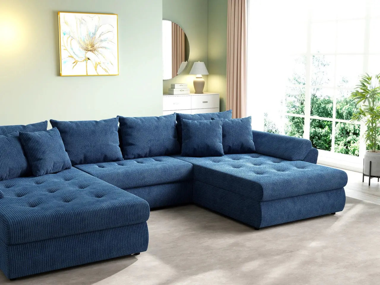 Colțar extensibil dumonde cu ladă de depozitare si sezut confortabil din spuma HR, Loana U Zoom Blue 355x185 cm Fabrica